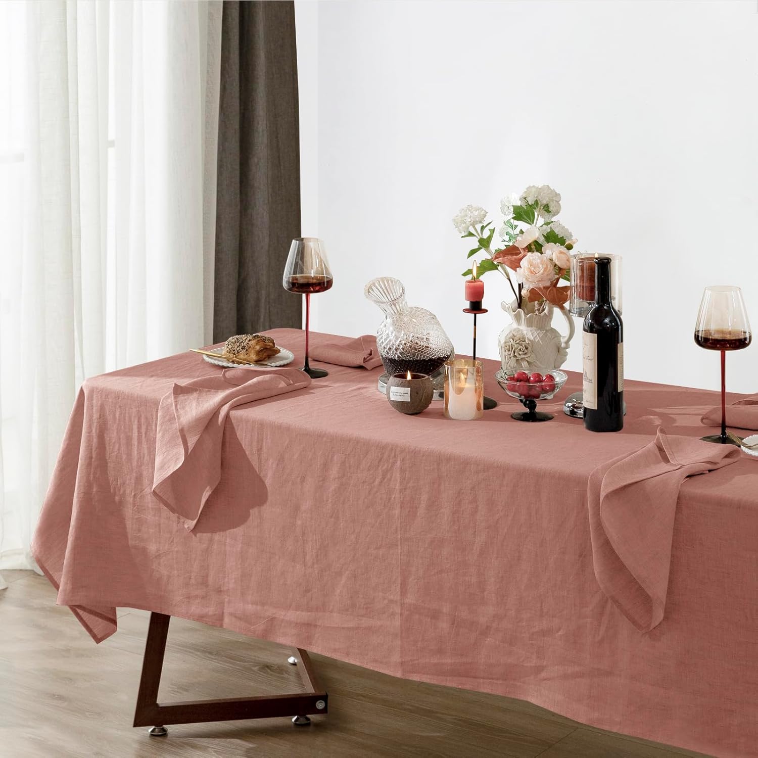 Talasily Linen Tablecloth 100% Pure Linen Table Cloth 60x108 Inches Rectangle Tablecloths Washable Cloths for Kitchen, Dining, Buffet Parties, Holidays, Picnic, Weddings and Restaurants-Muddy Pink