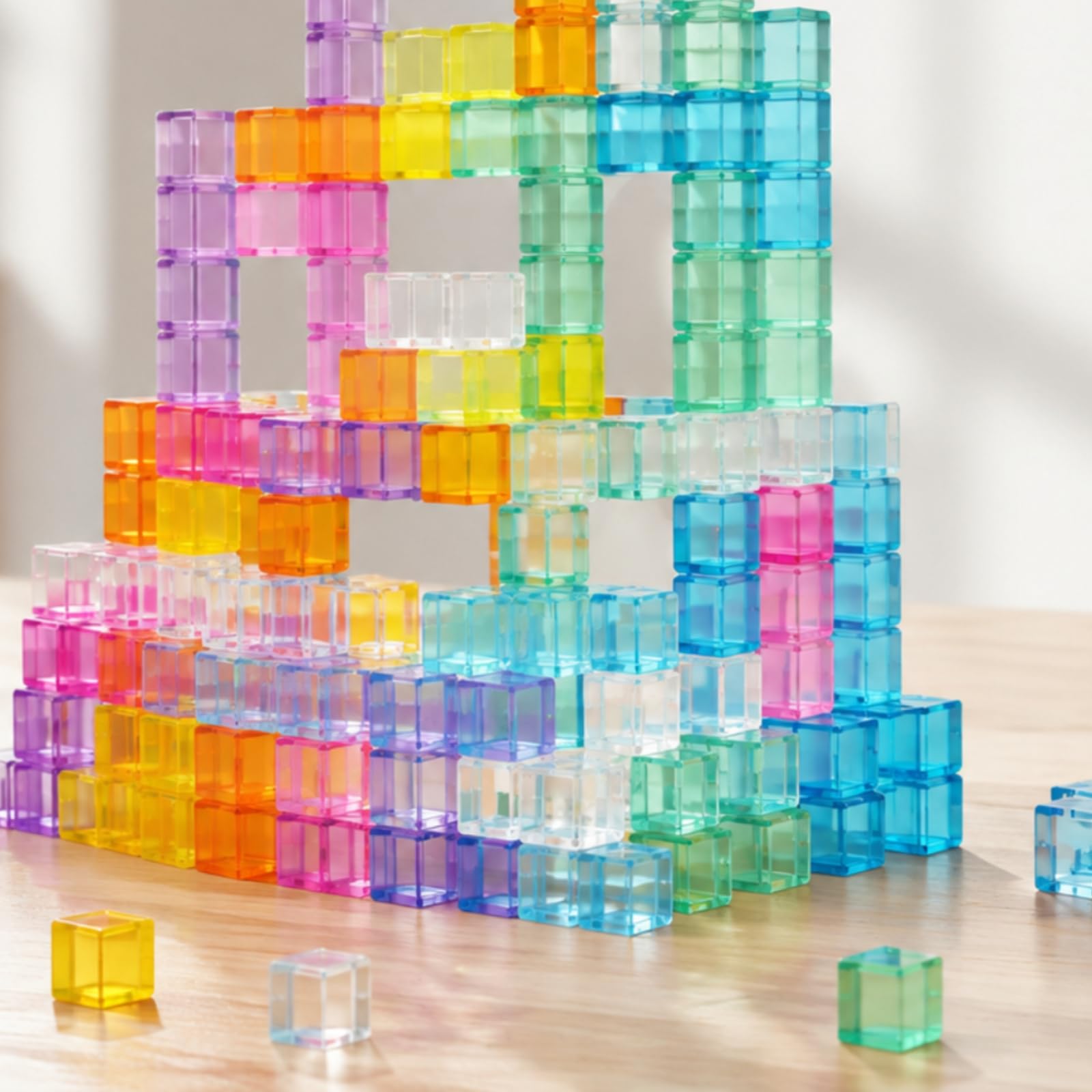 100 Pezzi Acrilici Trasparenti con Vassoio Espositore Trasparente Cubetti Trasparenti in Acrilico Creativo per Bambini Piccoli, Macaron