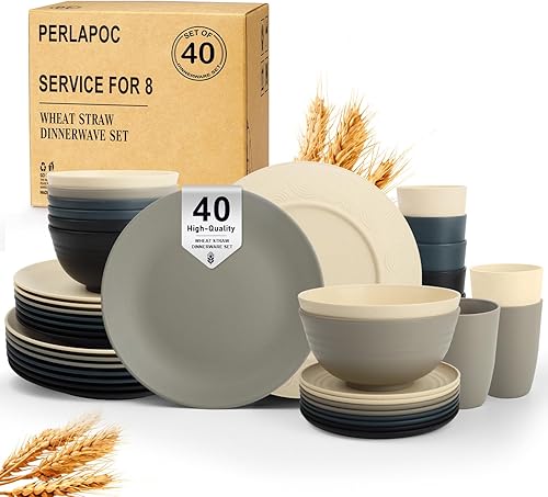 Miniatura 36 de Juego de vajilla de paja de trigo, 40 piezas, servicio para 8, juegos de platos y tazones, juego de platos irrompibles, platos llanos, platos de