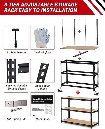Miniatura 5 de Estantería de garaje ajustable de 3 niveles, estante de metal resistente de 1320 libras, 36 pulgadas de ancho x 18 pulgadas de profundidad x 36