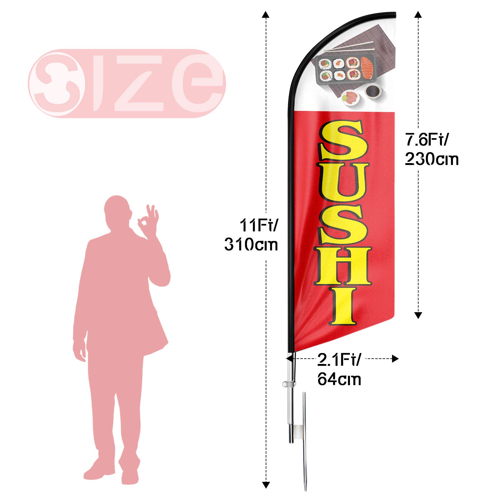 FSFLAG Flaga sushi Swooper, flagi z piórami 11 stóp do baru sushi z zestawem słupków i kolcem do ziemi, duży znak reklamowy do japońskiej restauracji