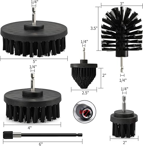 Miniatura 3 de Juego de 6 cepillos de taladro, 5 cepillos para depurar con 1 accesorio largo, cepillo de taladro para limpiar ducha, bañera, baño (negro)