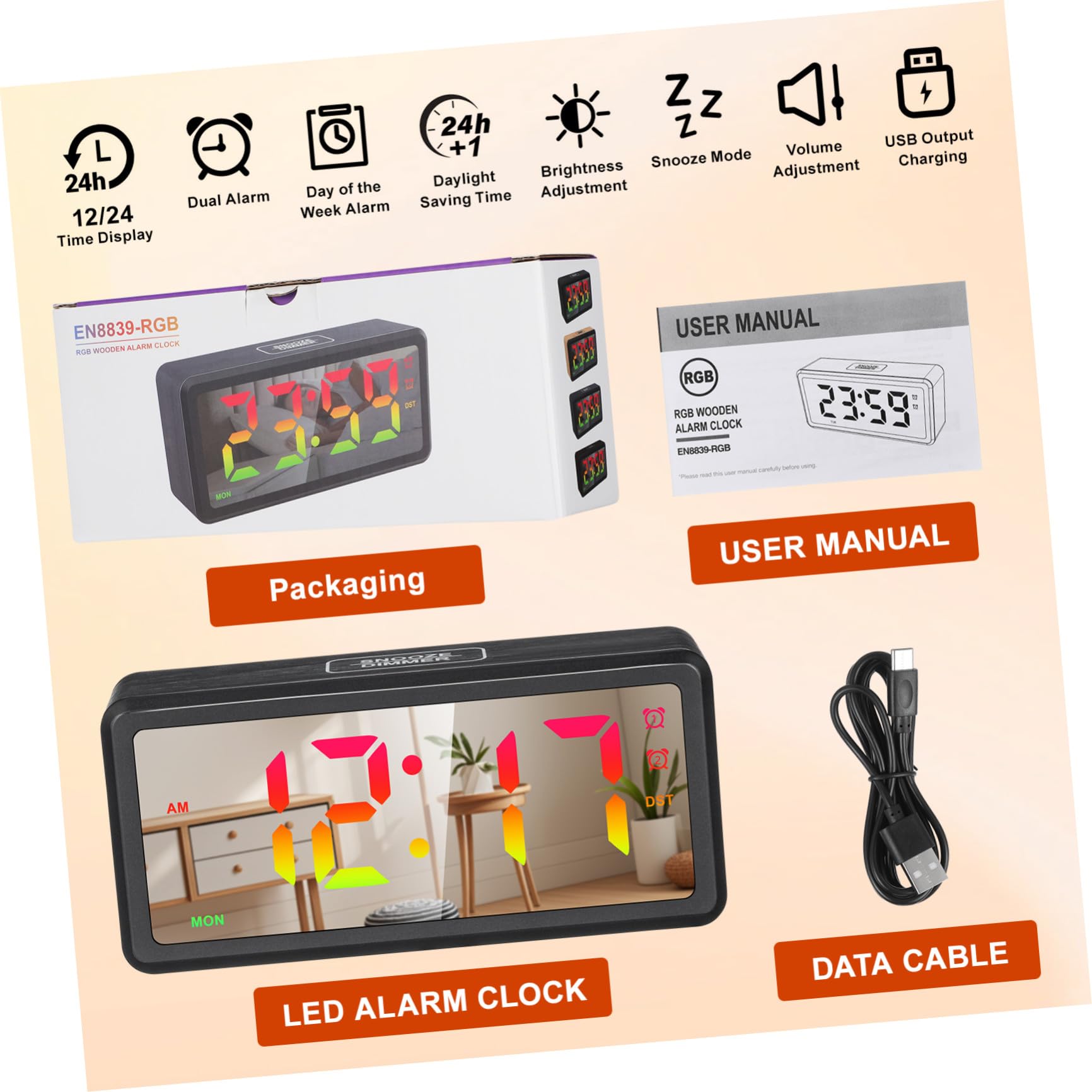 VILLCASE Orologio Digitale LED Effetto Legno con Display Grande Rgb