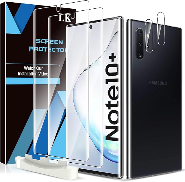 LK 4 Pack 2pcs Screen Protector & 2pcs Camera Lens Protector Compatible with Samsung Galaxy Note 10 Plus and Note 10+ 5G, HD Clear Flexible TPU Film, Support In-Display Fingerprint, Positioning Tool
