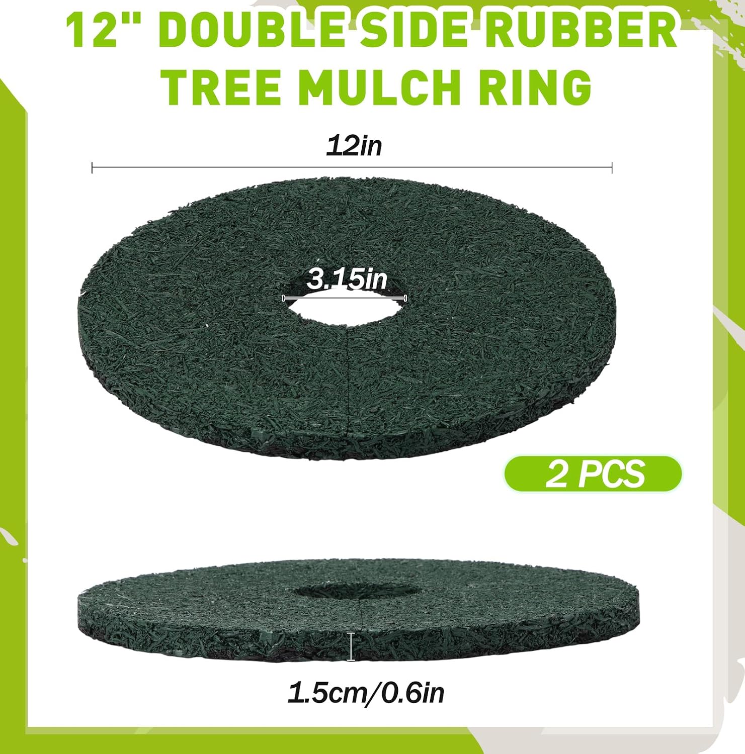 Peryiter 2 Pcs Double Side Rubber Mulch Tree Ring, Heavy Duty Rubber Mulch Mat, Tree Root Protector Mat Reversible Round Root Ring Weed Barrier for Prevent Animal Dig (Green)