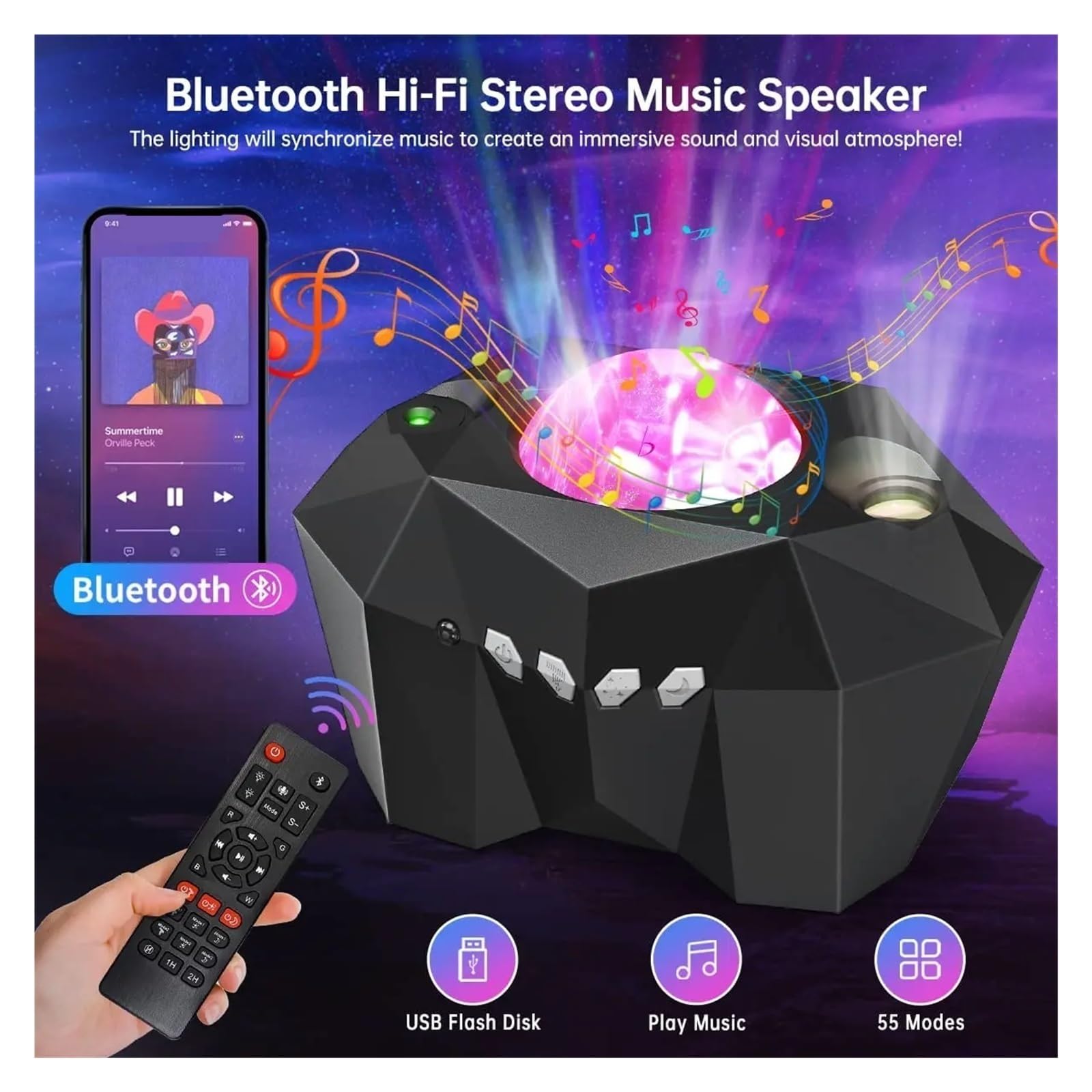 Projektor Led Aurora Borealis Księżyc Galaktyka Lampki Nocne Bluetooth Muzyka Gwiazda Mgławica Projekcja Atmosfera Lampa Dekoracja Sypialni Projekcja W Wysokiej RozdzielczośCi(Black)