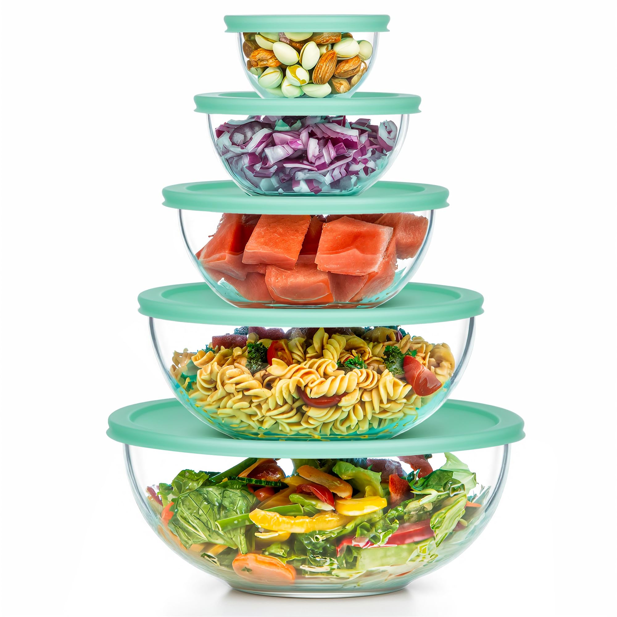 Vtopmart Set di 5 insalatiere con coperchio, impilabili in vetro, 3,3 l, 2 l, 1 l, 0,47 l, 0,19 l, senza bisfenolo A, lavabili in lavastoviglie e forno a microonde (senza coperchio), per insalata