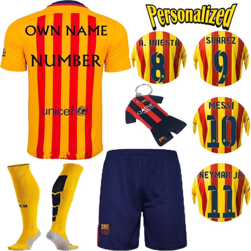 KID BOX New 2015/2016 fc Personalized Custom (Add Name & Number) Away Football Jersey Soccer Kit Sportswear Team Polo Shirt & Short & Sock & Key Chain for 3-14 Years Kids