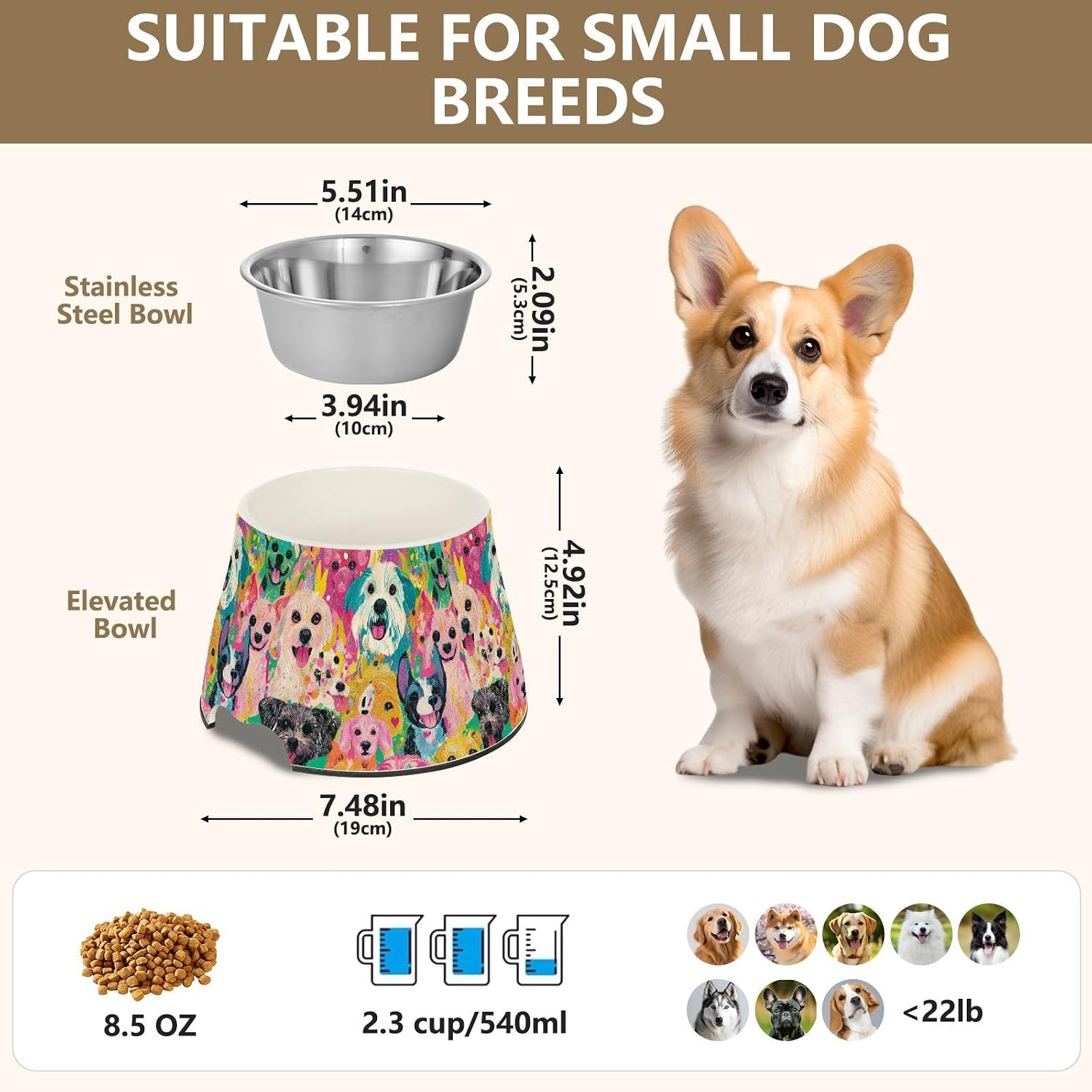 Colorful Asthetic Art Dogs Pets Food Bowl Non Skid Stainless Steel Raised Cat Bowl for Medium Dogs Slow Down Eating