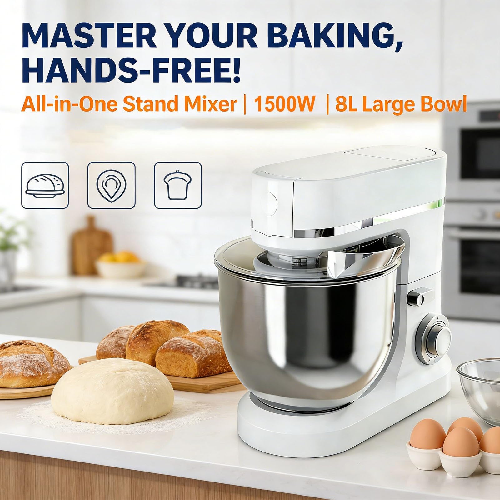 Robot Patissier 8L Grand Bol Mixeur Cuisine Electrique Avec 6 Vitesses, Mixeur A Pate Pour Pain Gateau, Mixeur Avec Accessoires, Stand Mixer Pour Maison