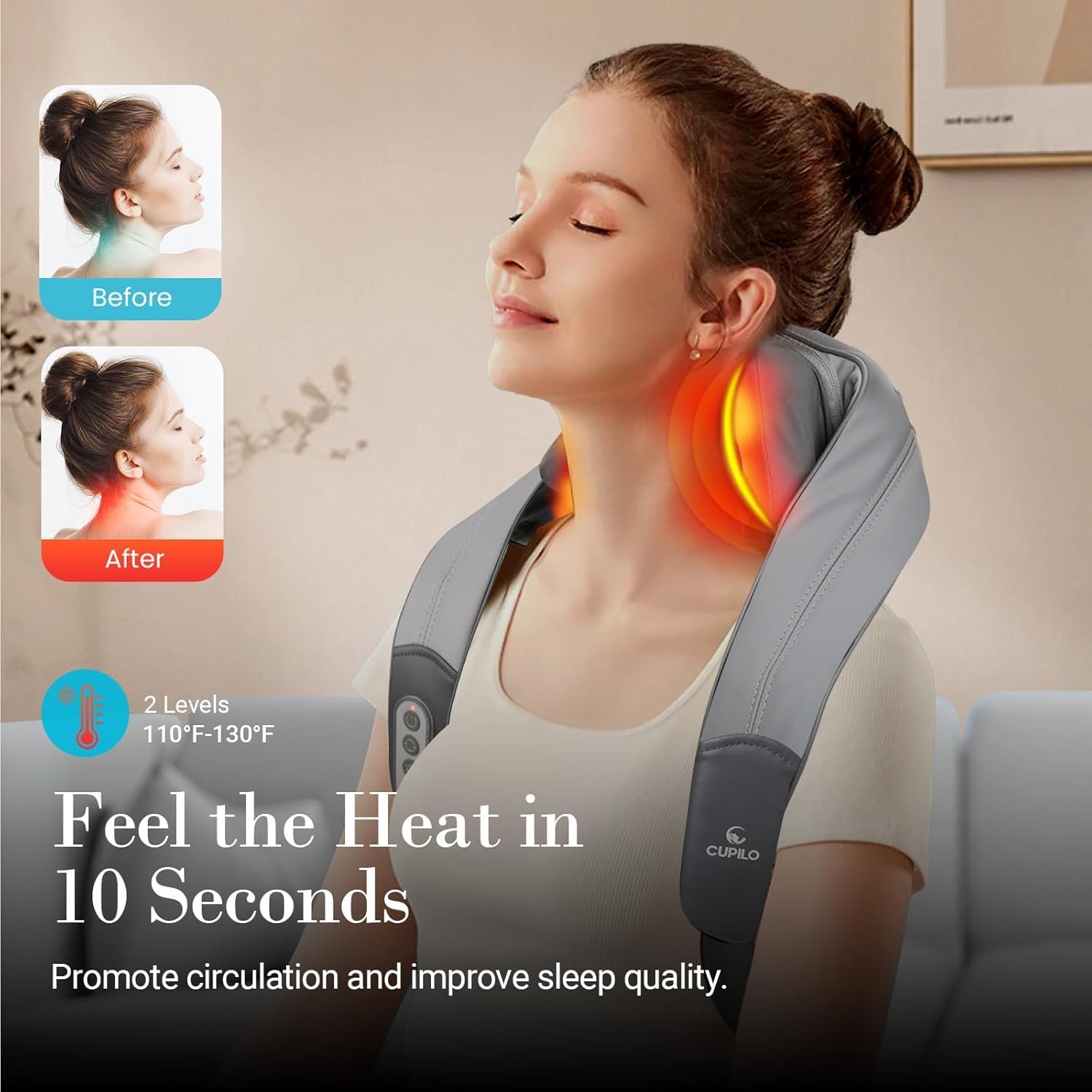 CuPiLo Neck and Shoulder Massager with Heat - Cordless Neck Massager for Pain Relief Deep Tissue, Electric Rechargeable Heated Shoulder and Back Massager