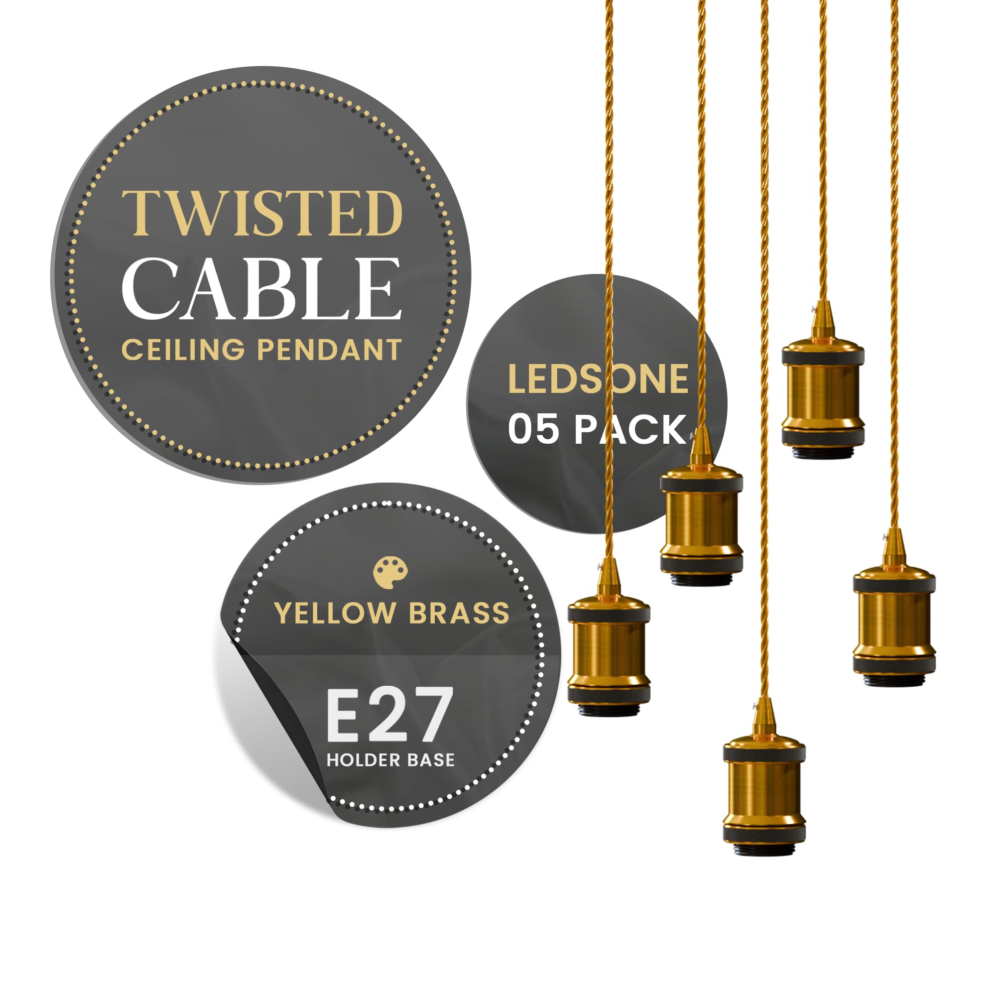 5 Pack E27 Pendant Light Fitting Kit Yellow Brass – Vintage Industrial Ceiling Hanging Lamp Holder with Adjustable Cable for Kitchen Island, Bedroom, Hallway, Dining Room & Home Lighting