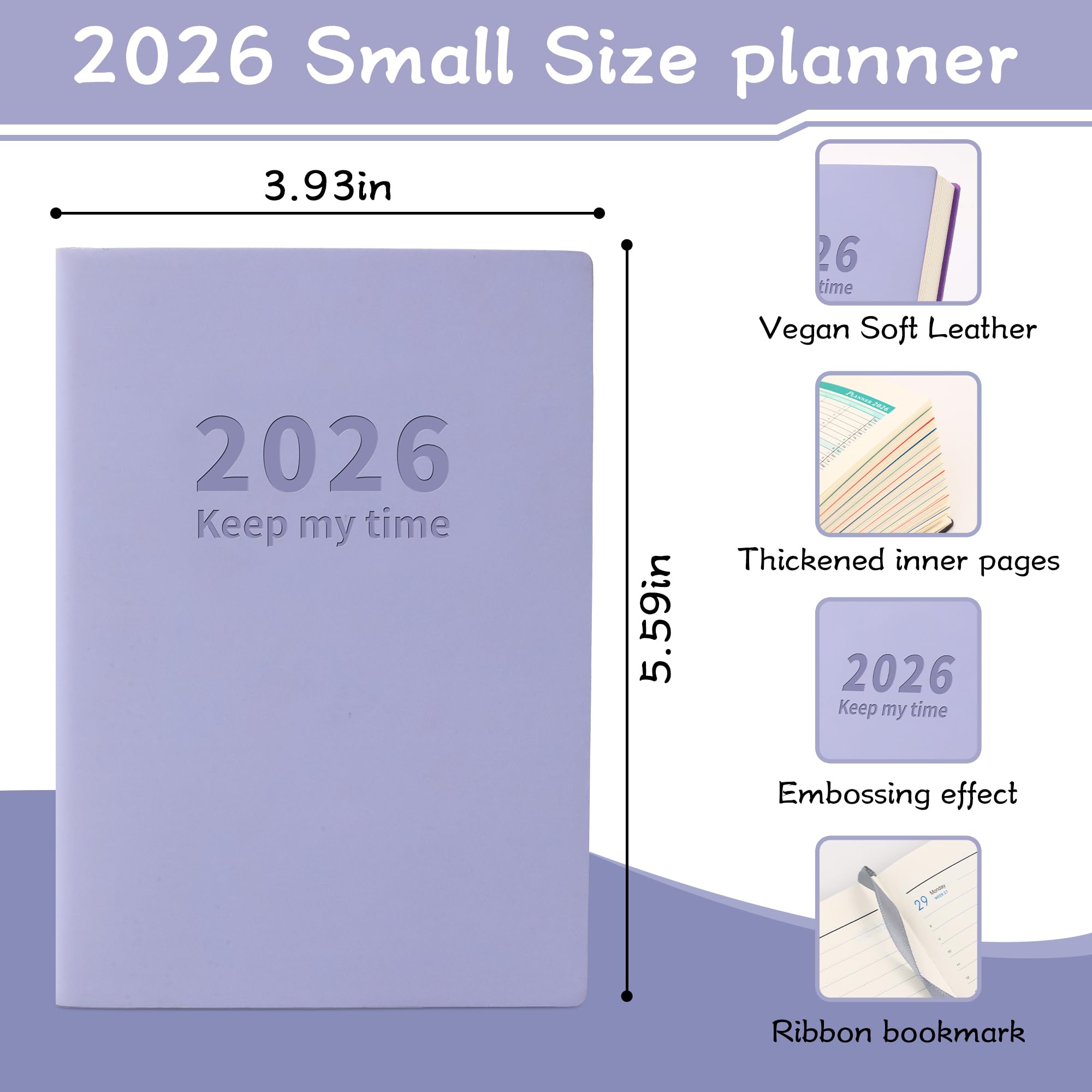 Mały planer akademicki 2026, miękka skóra, oprawiony, 14 cm x 9,9 cm, kalendarz tygodniowy i miesięczny, terminarz, twarda okładka, uroczy planer, nawyk celu, organizer, książka do planowania z