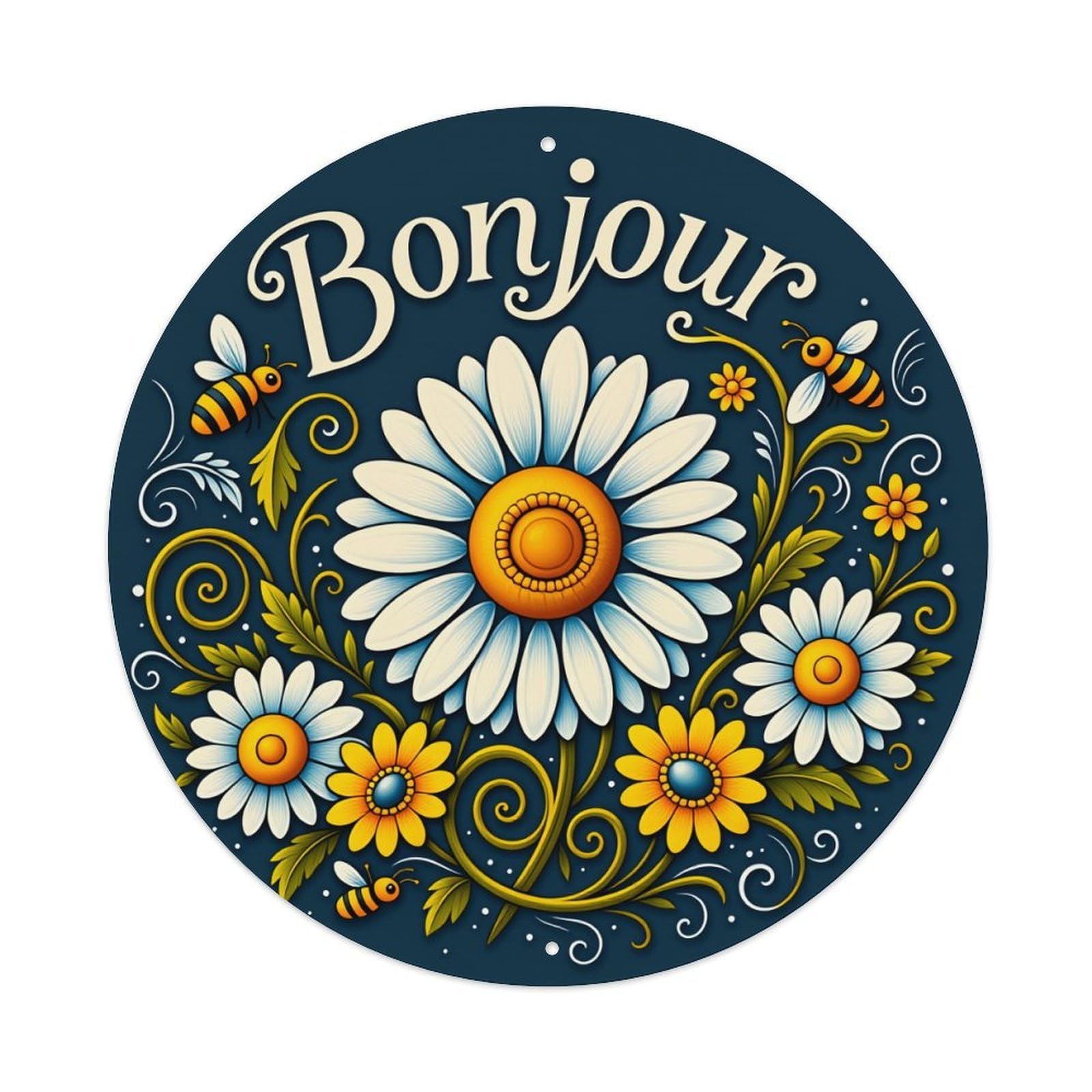Floral Daisy Bee Pattern Art Round Tin Sign Vintage Metal Poster Retro Bar, Home, Man Cave, Kitchen, Laundry Room Wall Art Decor Gift 8x8Inch