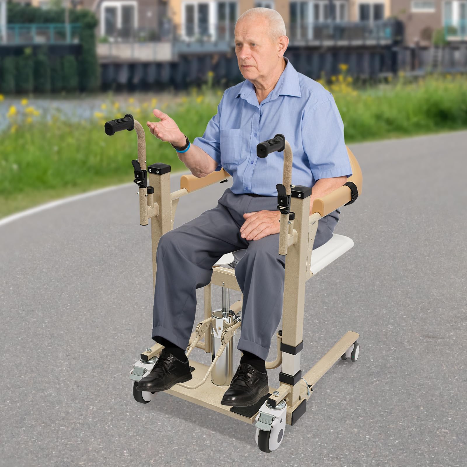 Hydraulischer Patientenlifter mit 180° Geteiltem Sitz Höhenverstellbar Transporthilfe Belastung 200 KG Patiententransportstuhl mit Tischplatte und Rollen
