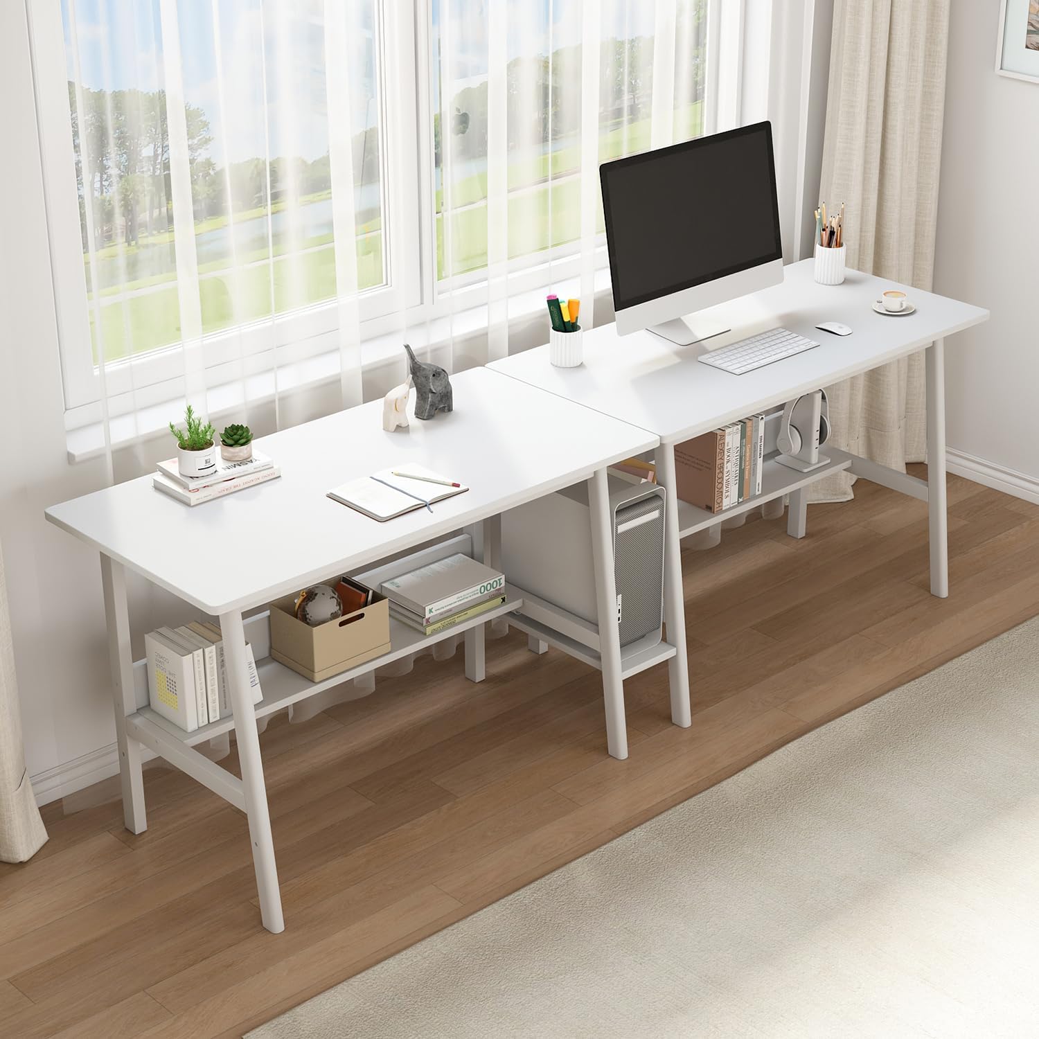 NELYE 2-Person Writing Desk With Bookshelf - 94" Wooden Extra Long Home Office Work Table, Double Study Computer Workstation With Storage Shelves In White, 94" W X 24" D