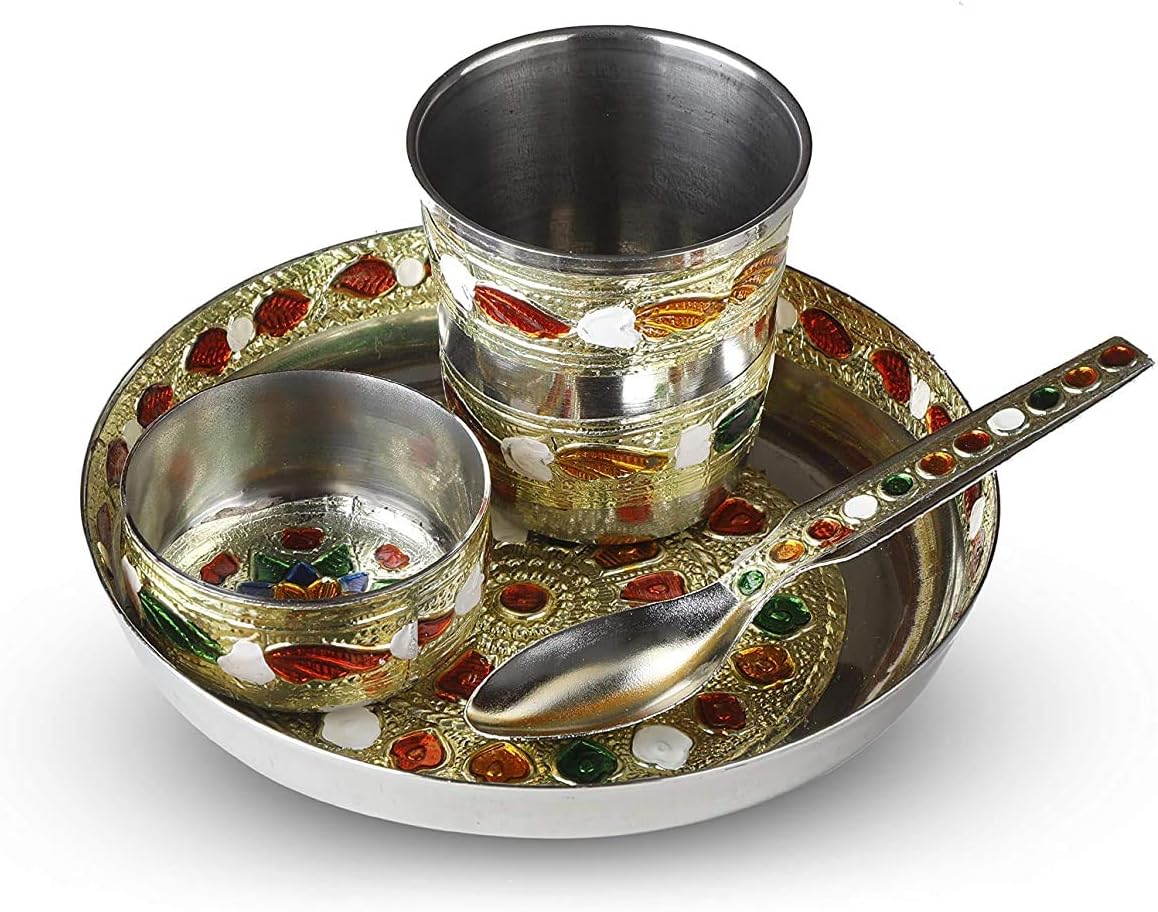 Rolimoli Steel bhog thali Set of 4 pcs for laddu gogal bhog thali with Glass Bowl and Spoon Stainless Steel