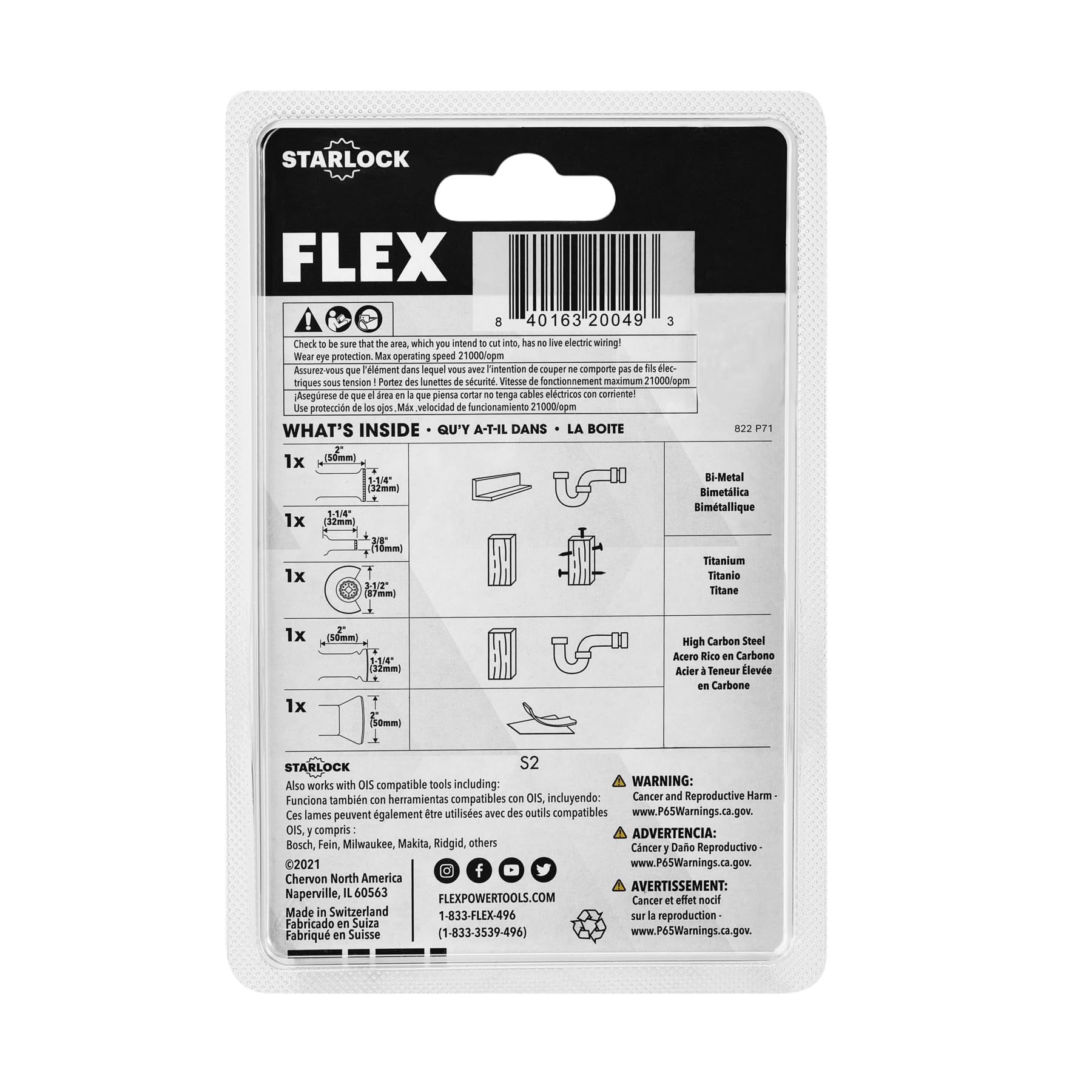 FLEX 5-częściowy zestaw oscylacyjnych narzędzi do przycinania, cięcia drewna, drewna z gwoździami, metal, płyta gipsowo-kartonowa, tworzywo sztuczne, PCW - FAM40001-5