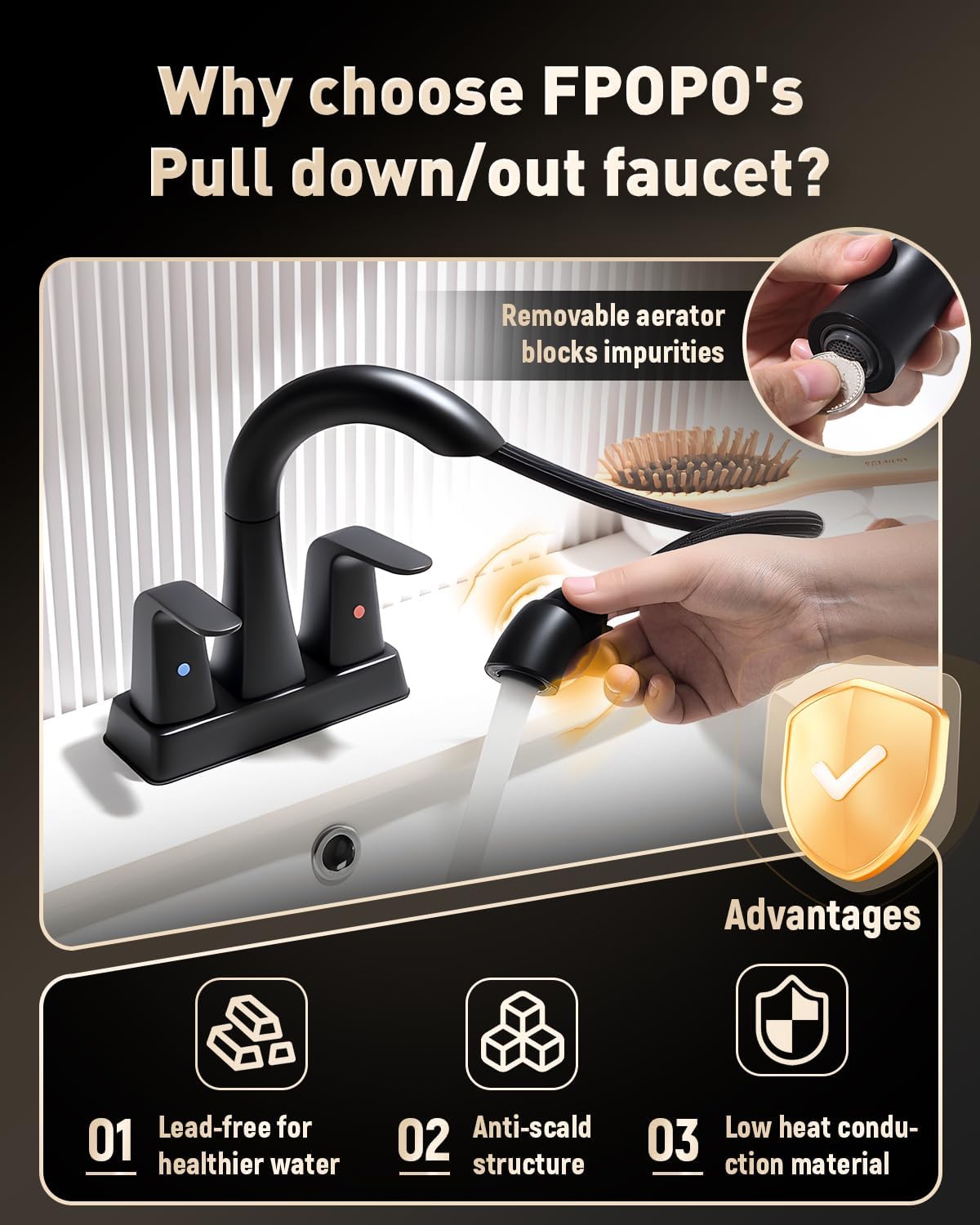 BRAVEBAR Matte Black Bathroom Faucet 4 Inch Centerset 3 Hole, 2 Handle Faucet with Heat-Resistant Pull-Out Sprayer, 360° Swivel Spout & Pop-Up Drain, BF-116B - Image 6