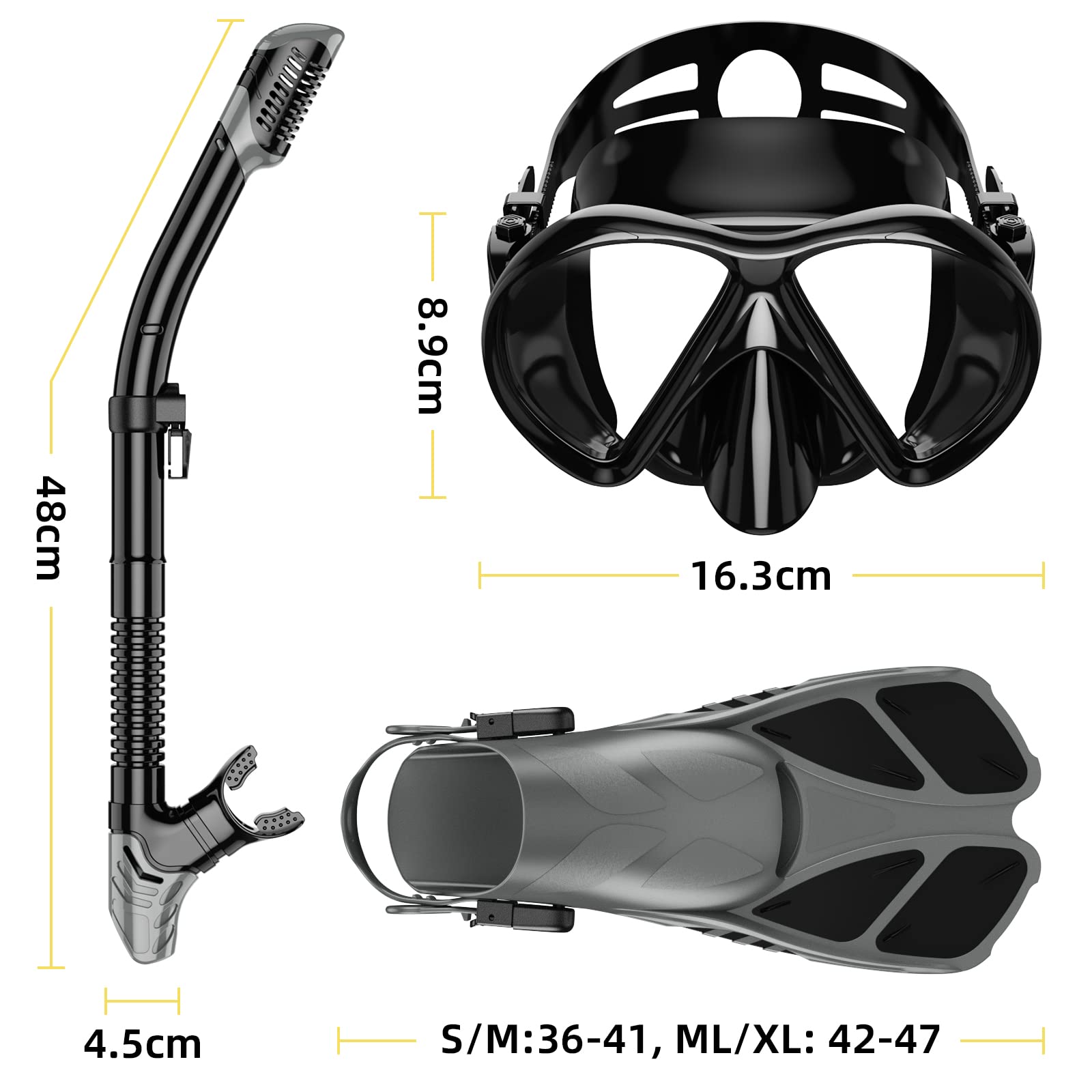 Set di boccaglio,Set per Snorkeling e Immersioni, Maschera Subacquea + Pinne + Tubo Respiratore + Sacca da Trasporto, Unisex Kit Maschera Nuoto per Adulti Adolescenti