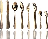 Vista 14 de JASHII Juego de cubiertos de 4 piezas de acero inoxidable dorado forjado con mango martillado, servicio para 1 pulido de espejo, apto para Oro