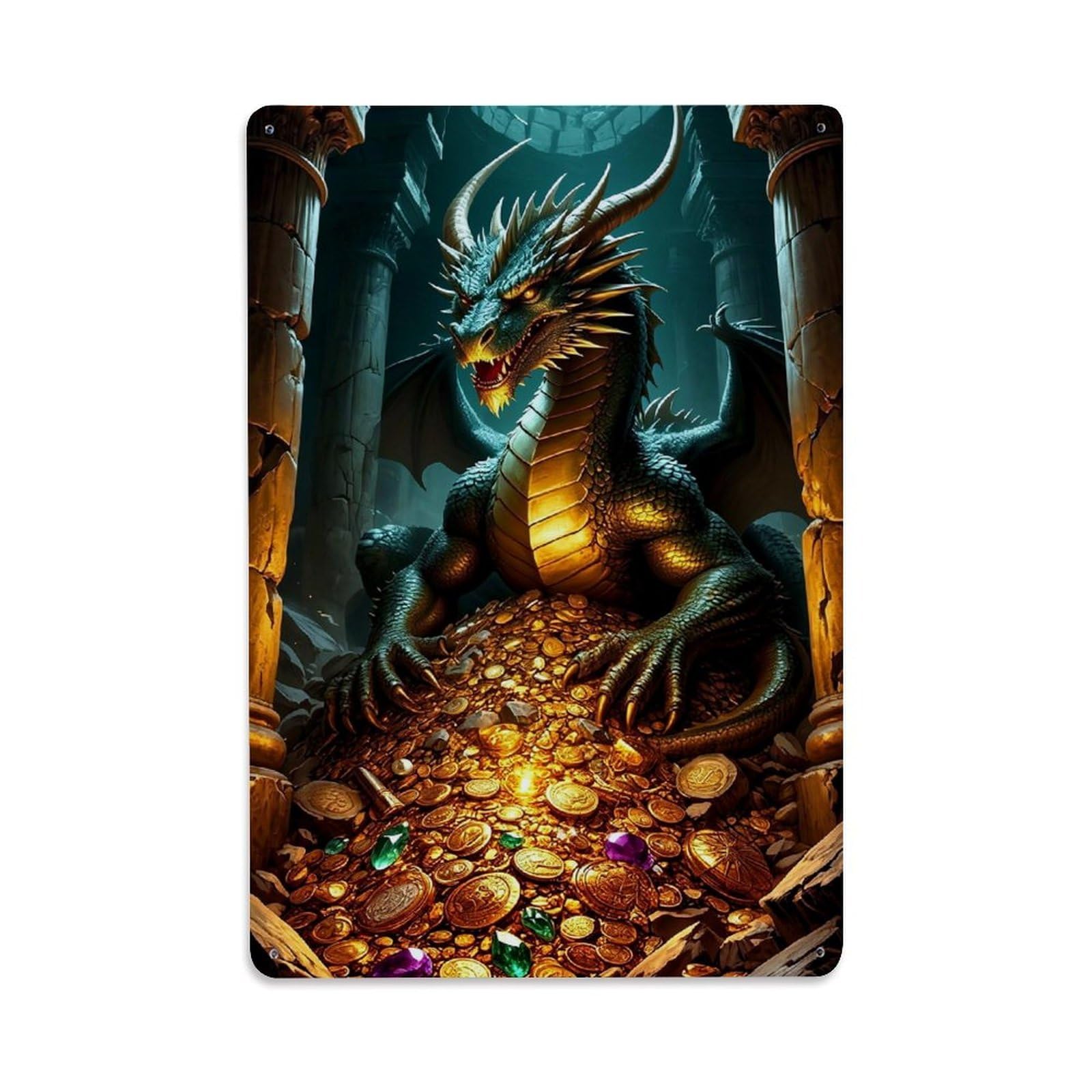 Bliveurn Vintage Dragon Guarding Gold Coins Retro Metal Tin Sign, Metal Poster For Home, Gaming Room, Studio Workshop,Bar,Garage Wall Art Decor 8X12 Inch