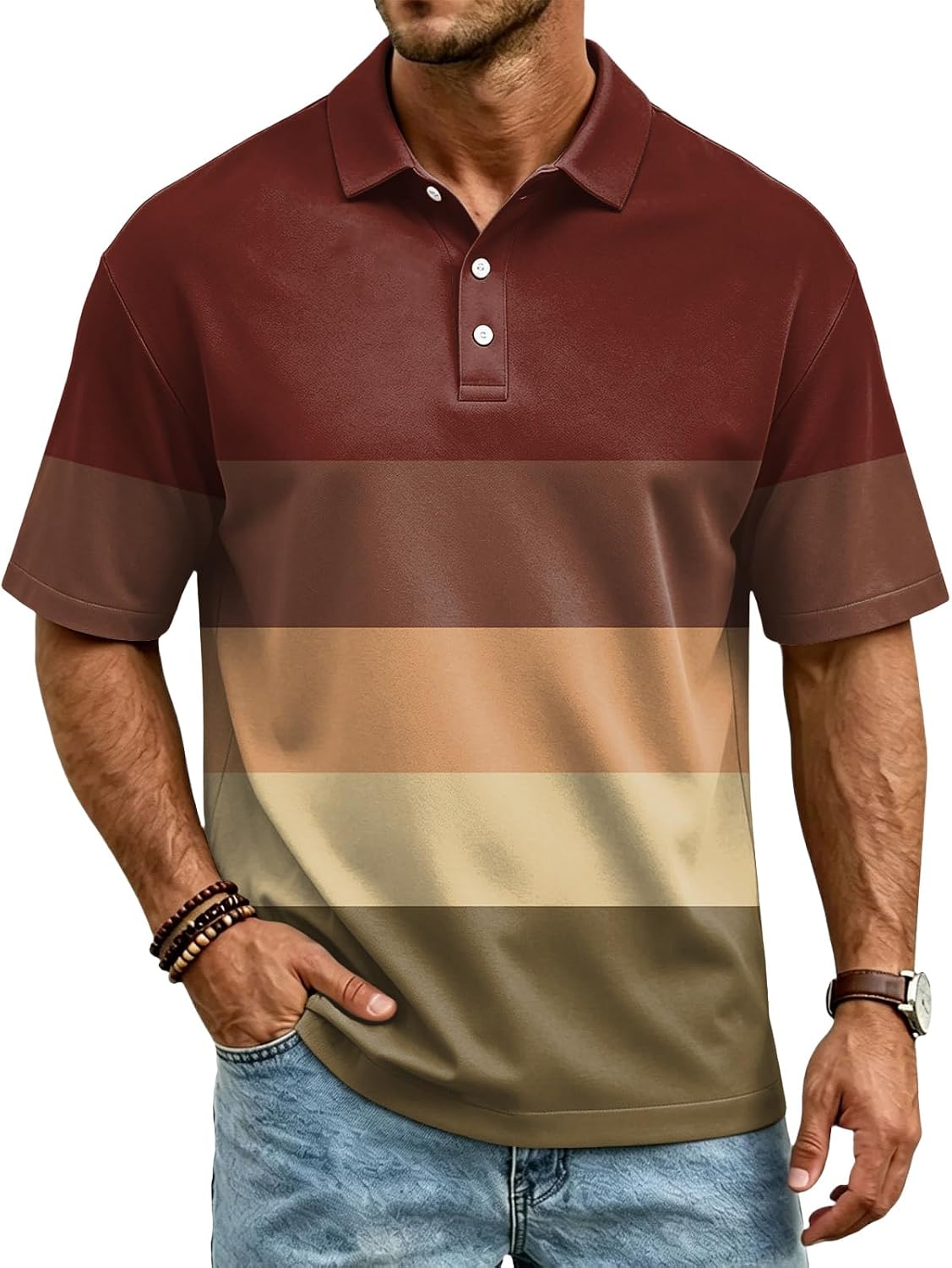 Ymosrh Men's Breeze Polo Shirts Short Sleeve Striped Summer Casual Vacation Party Golf Collar Shirts, S-3XL