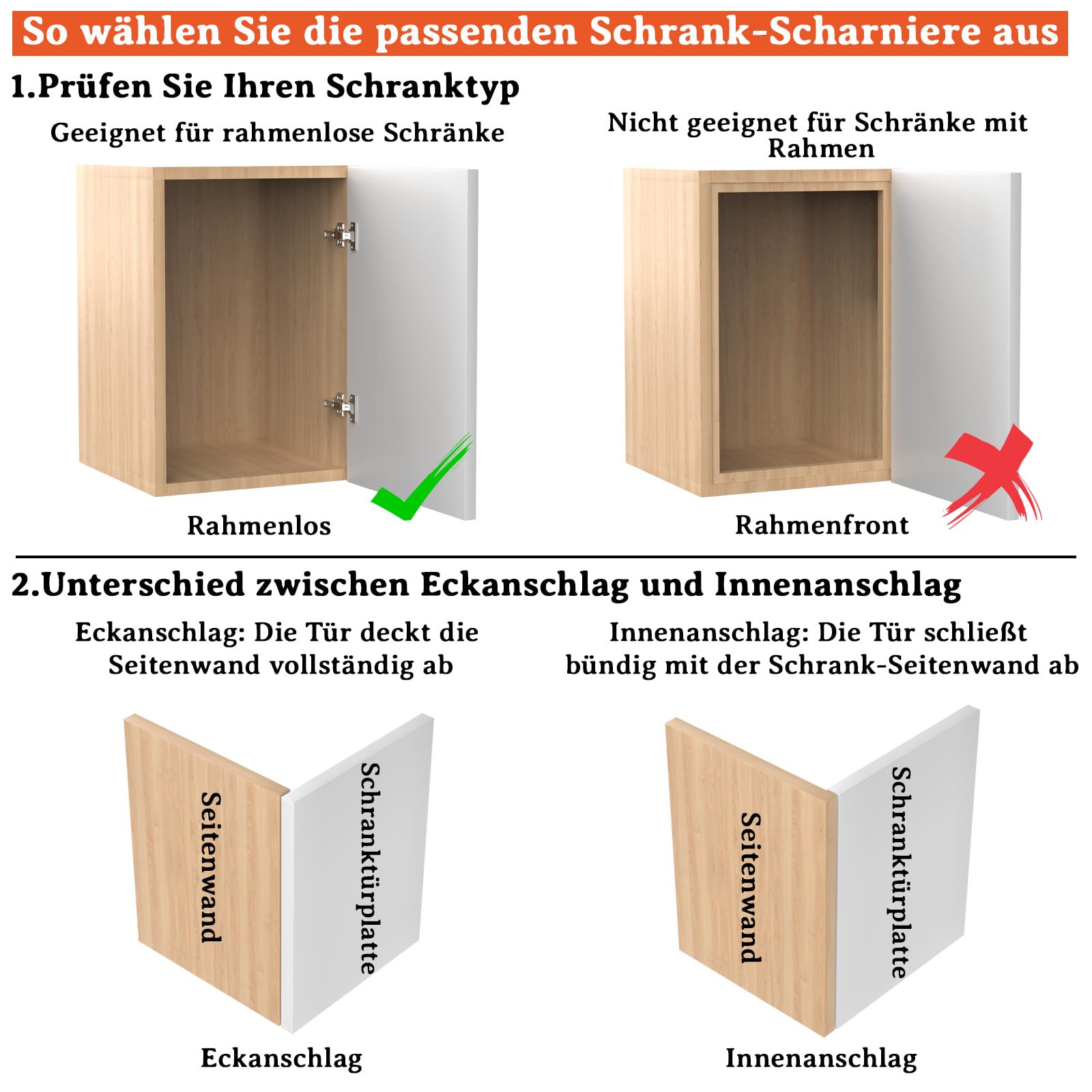 Furniware 50 Stück Eckanschlag Scharniere für Schranktüren, 48mm Küchenschrank Softclose, Topfbänder 35mm Topfscharnier, 105 Grad Schrankscharnier, Kleiderschrank Scharnier, Möbelscharnier mit Dämpfer