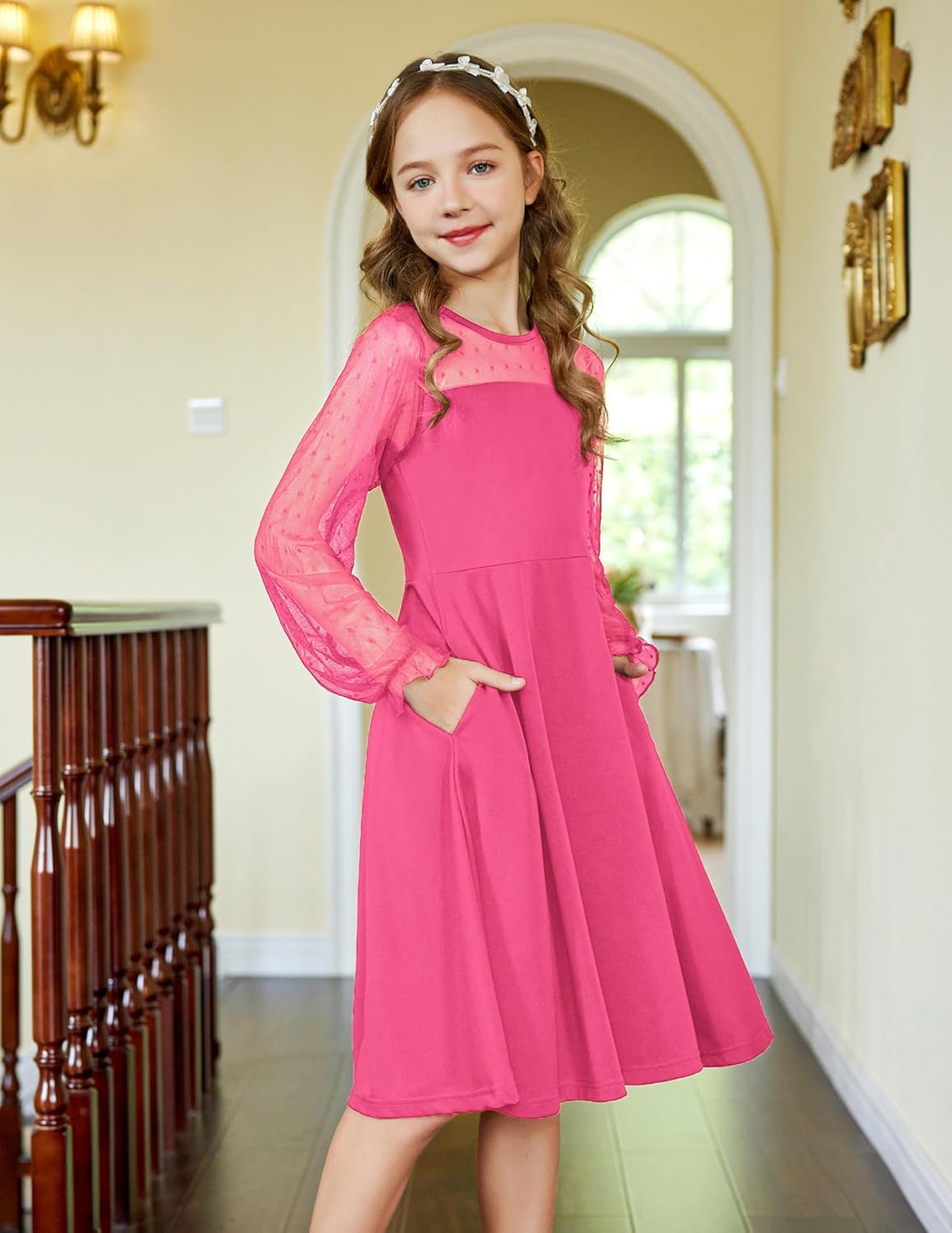 Arshiner Girl's Contrast Mesh Puff Long Sleeve High Waist A Line Short Dress with Pockets for 6-13 Years - Image 8