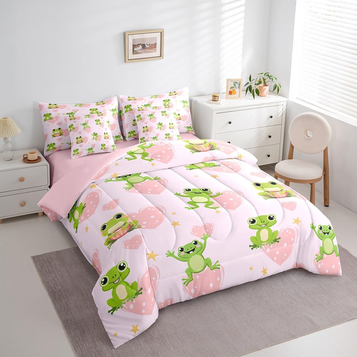 Erosebridal Twin Bed in a Bag Cartoon Frog Comforter Set with Sheets 7Pieces All Season Amphibians Bedding Sets with Comforter, Cushion Covers, Flat Sheet, Fitted Sheet and Pillowcase