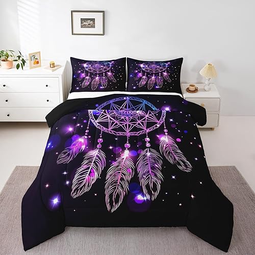 Miniatura 3 de Erosebridal Juego de edredón de plumas atrapasueños, edredón bohemio de plumas con mandala tamaño Queen para niños y niñas, juego de ropa de cama de