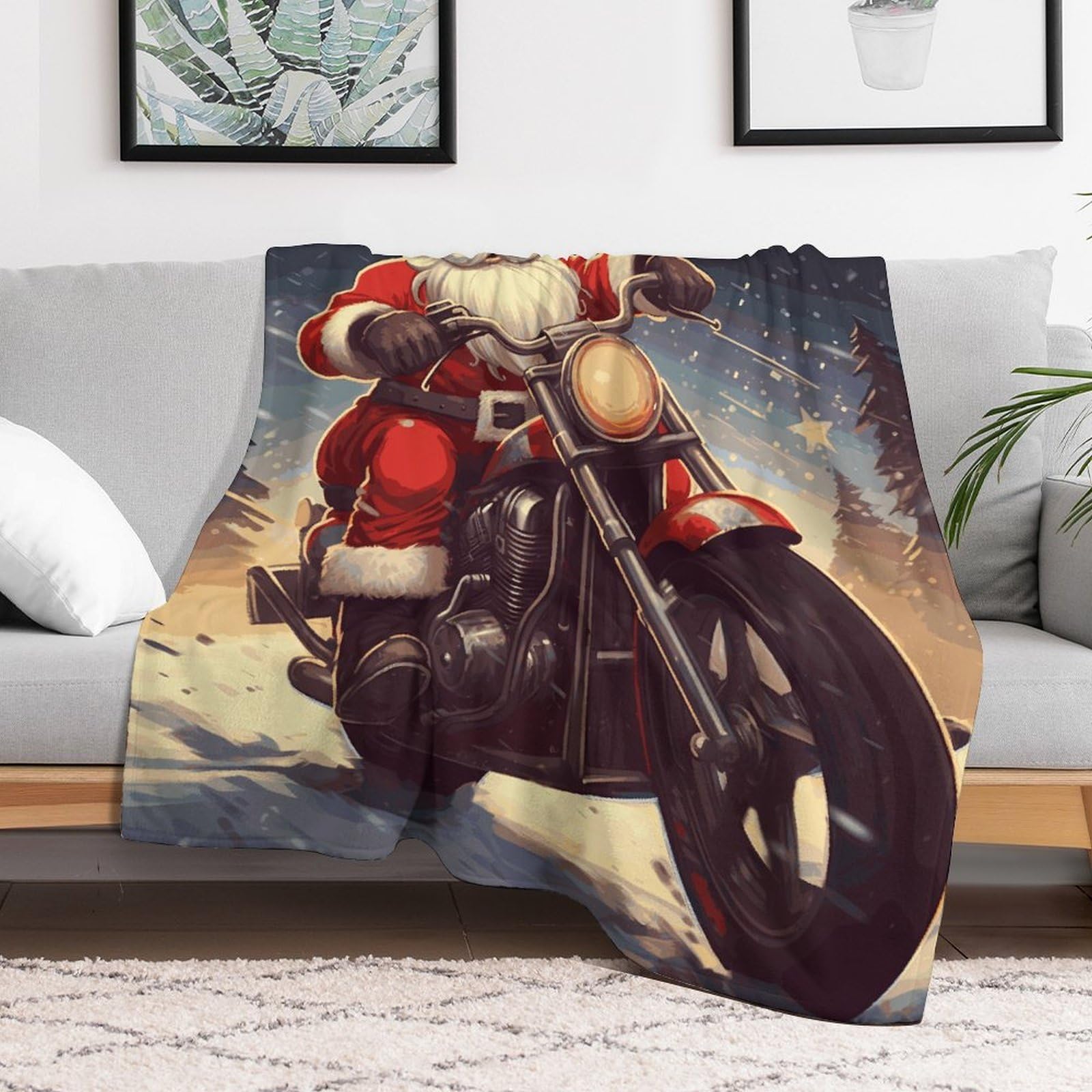 Couverture polaire Père Noël motard 100x127 cm plaid canapé rustique