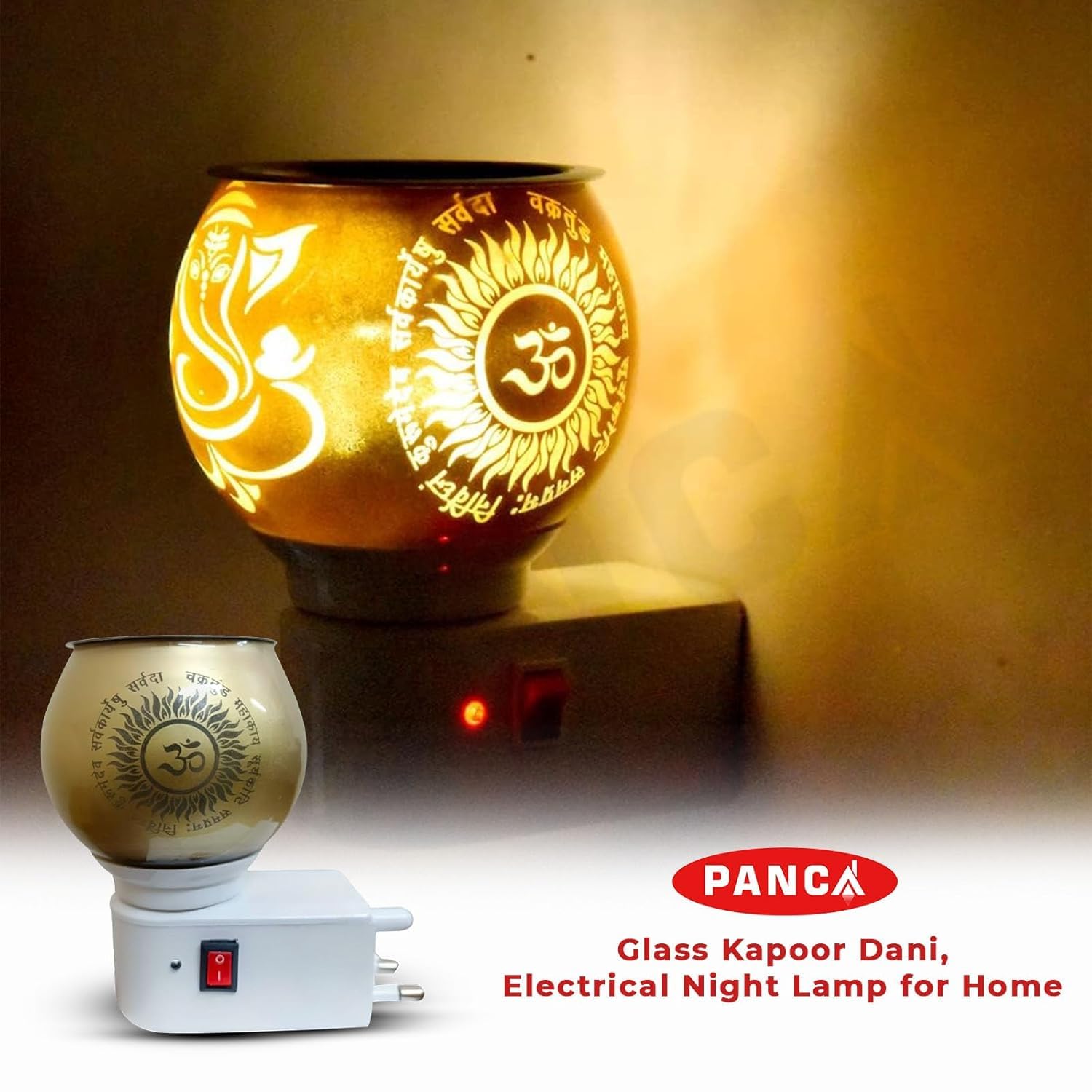 PANCA Electric Kapoor Dani Glass Camphor Burner | Ganesh Ji Om Aroma Diffuser | Electrical Night Lamp Fragrance Machine | Multipurpose Incense Dhoop Burner for Home & Office Use 1