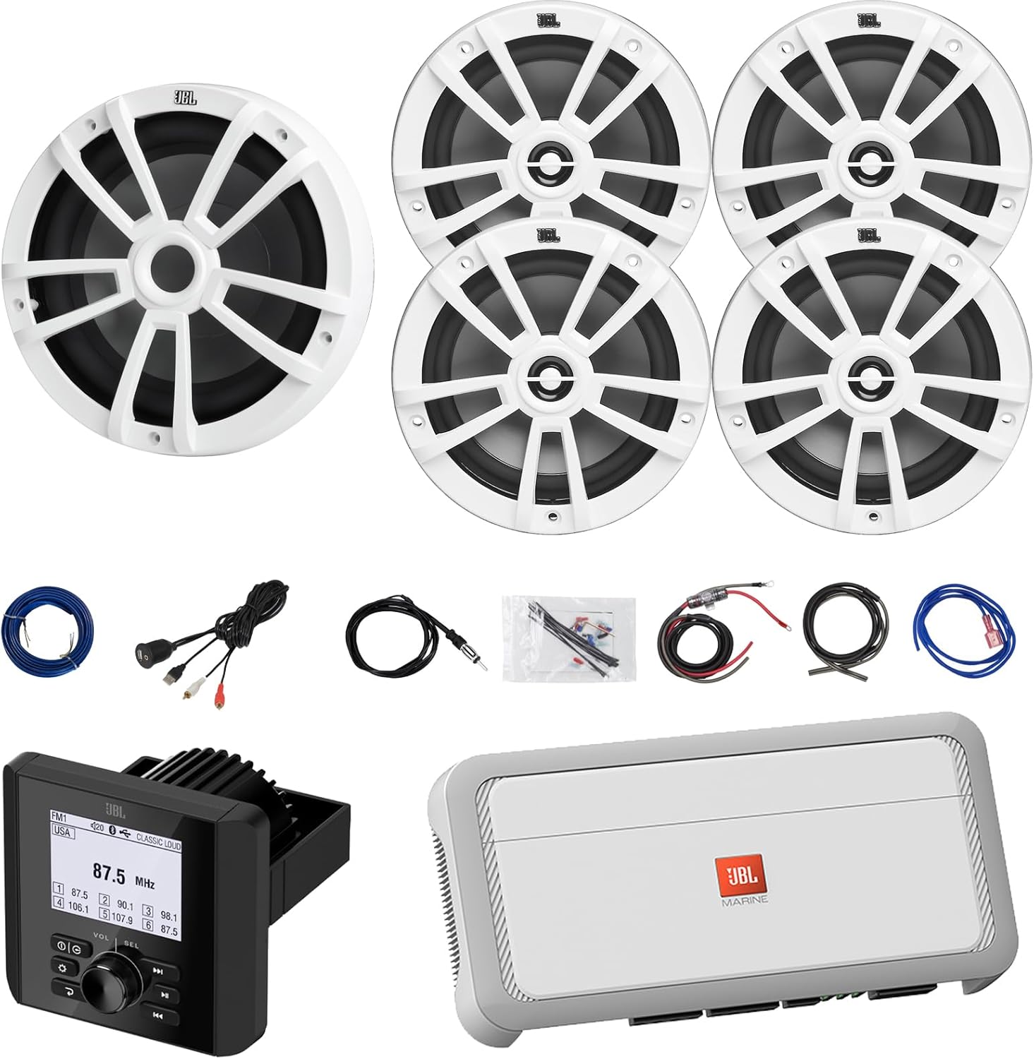 Bluetooth Radio Multi-Element Digital Media Marine Audio Receiver, 4X 6.5 180W 2-Way Multi-Element Boat White Speakers, 10" 600W White Subwoofer, 5-Channel Amp W/Kit, Antenna, USB/AUX Adapter, Wire