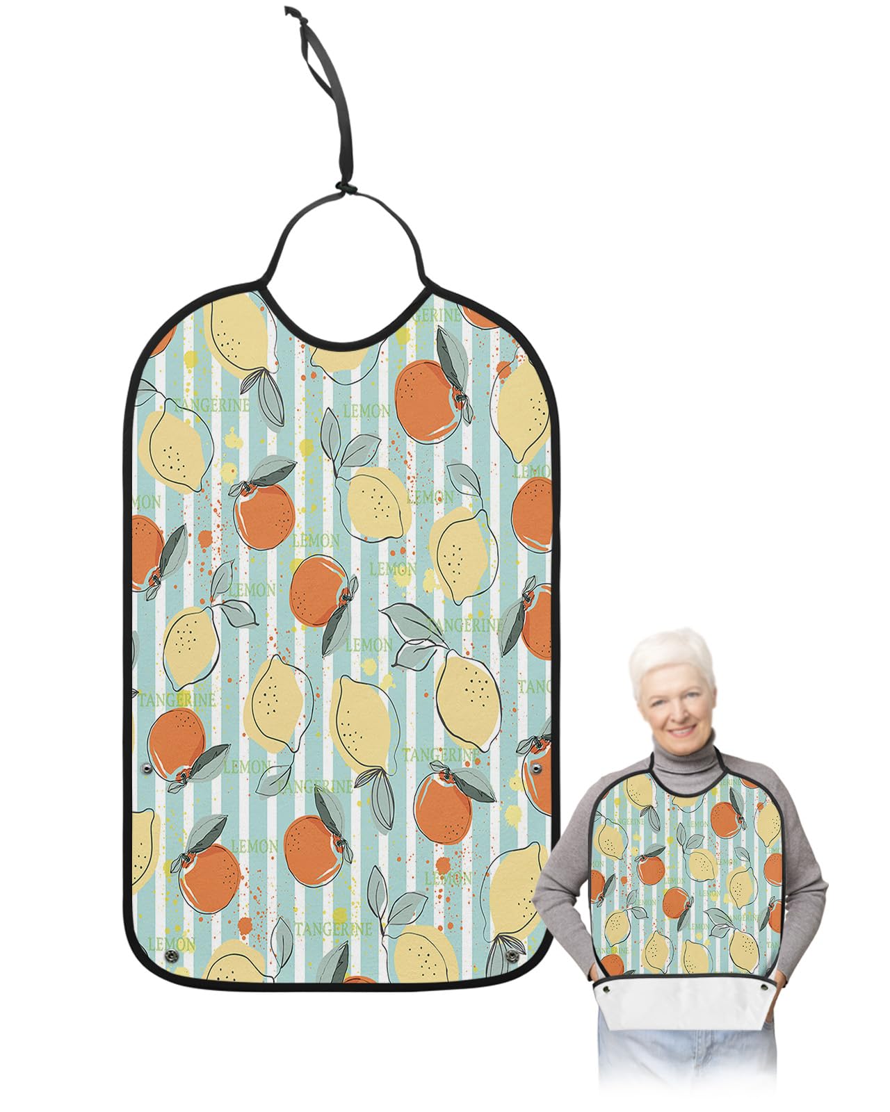 Onekaccu Abstract Orange Lemon Adult Bibs for Elderly Women Men Washable Bibs for Eating, Waterproof Clothing Protectors Adult Bibs with Crumb Catcher Summer Fruits Aqua Stripes Painting