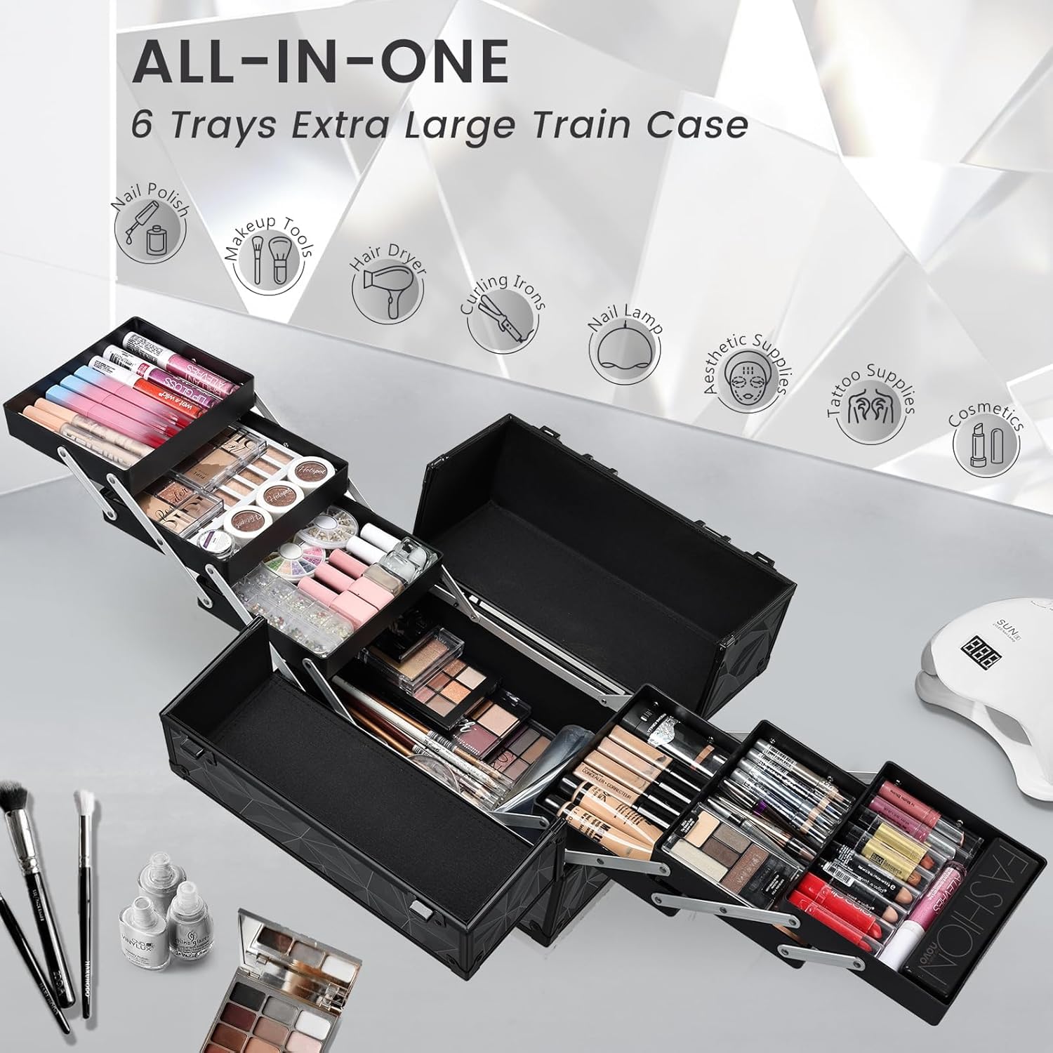 Maletin Maquillaje Grande Profesional Estuche Maquillaje Caja de Viaje Maletín Manicura Joyero Organizador Esmalte de Uñas con 6 Bandejas Regalos para Mujer 30.5x18x22.5cm, Gris Negruzco