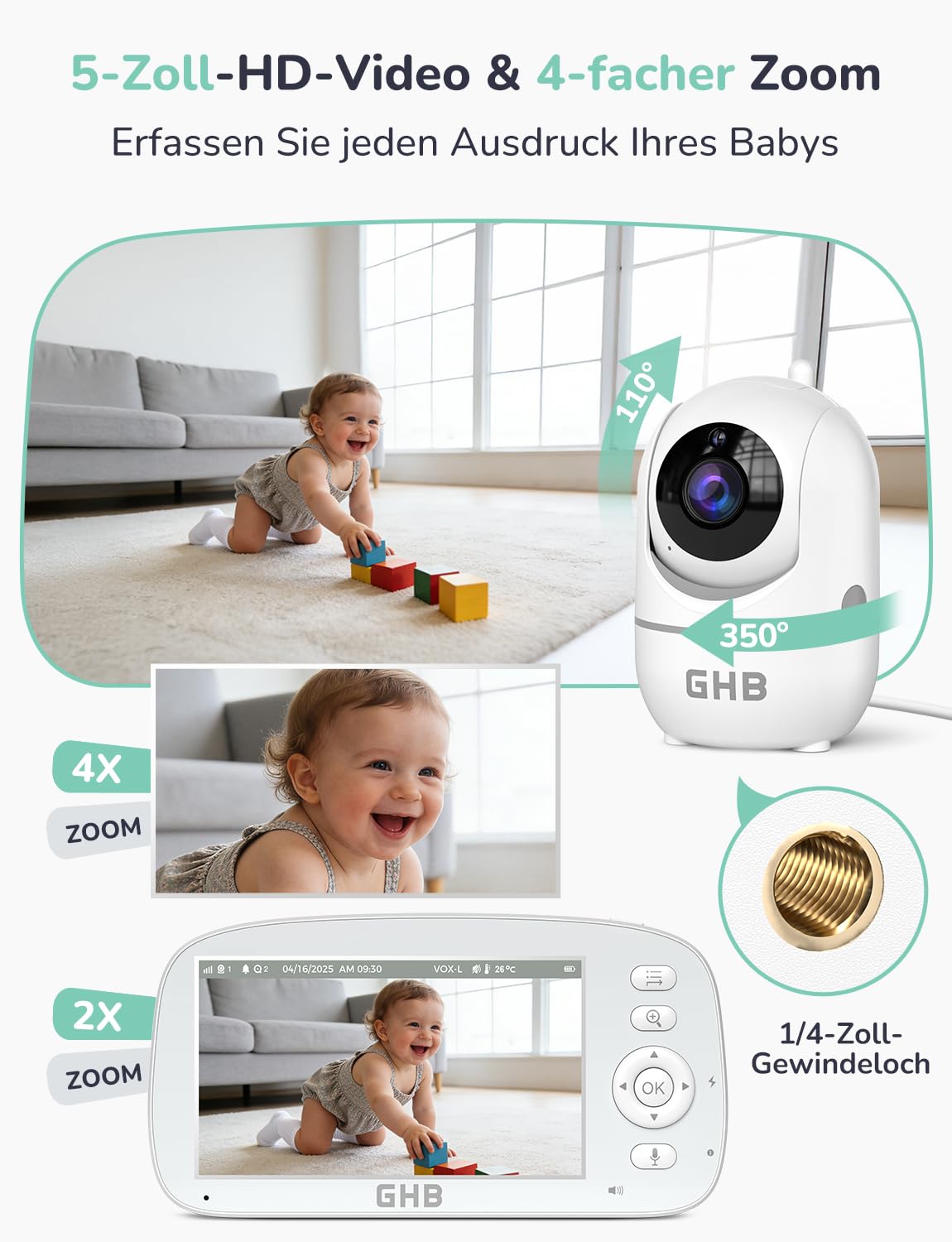 GHB Babyphone mit Kamera 5 Zoll 720P HD Kamera IPS Display mit 5000mAh Akku 4X Zoom 2-Bildschirm-Split Pan/Tilt 350°/110° Nachtsicht Wiegenlied