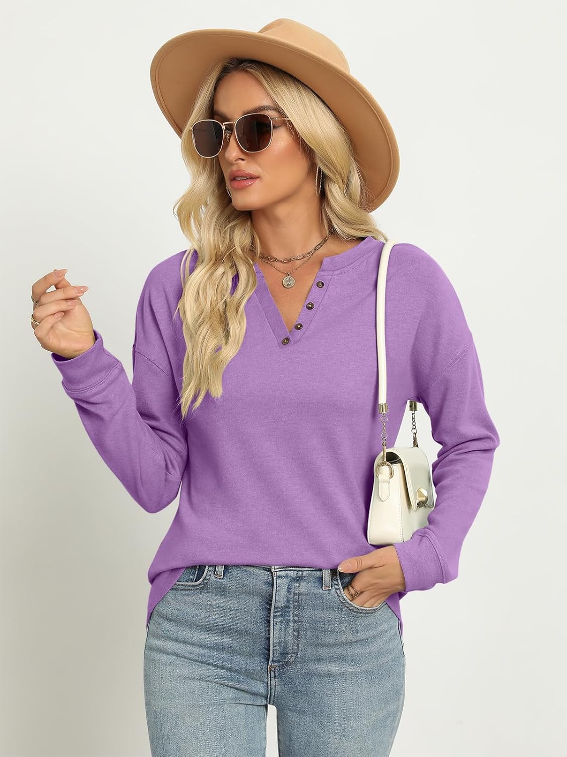 TICTICMIMI Women's V Neck Long Sleeve Tops Lightweight Sweatshirts Button Fall Shirts - Image 2