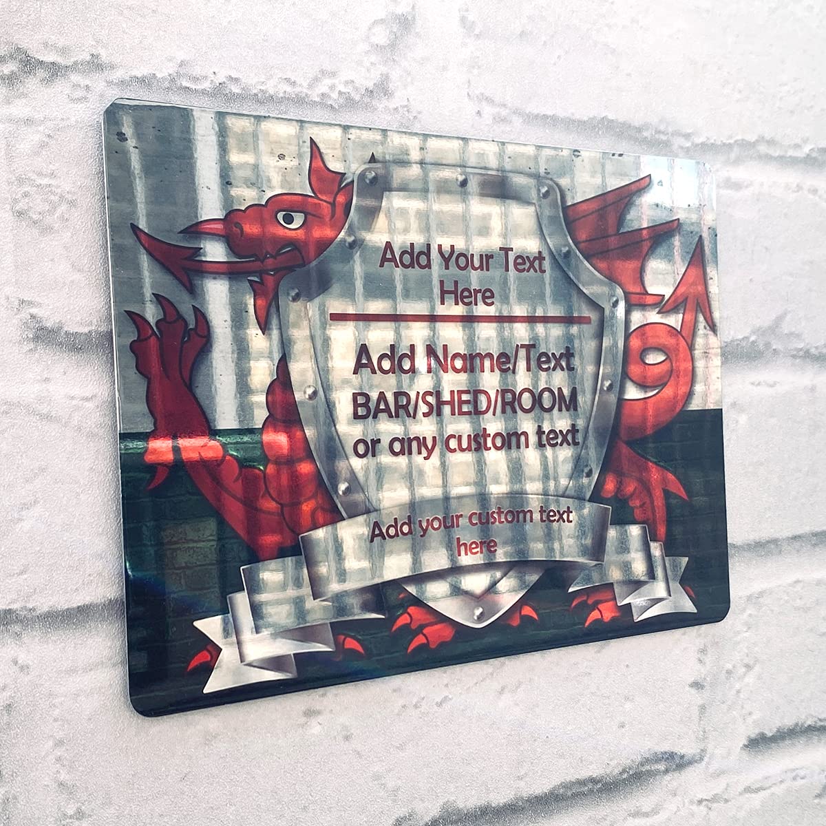 Shopquality4u Welsh Bar Sign Personalised Mirror Bar Sign - Wales Welsh Flag Printed Metal Mirror Sign Wall Art A5 Bar Add Name (20X14cm)