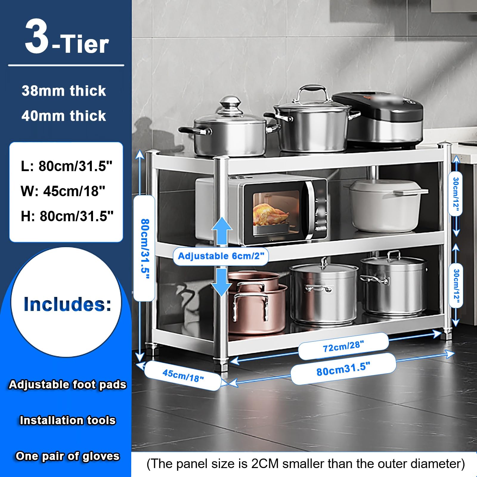 Stainless SteelPrep - Mesa de metal de 3 niveles para Wortat y microondas, estante versátil con Sto ideal para comedor y preparación de alimentos (80 x 45 x 80 cm)