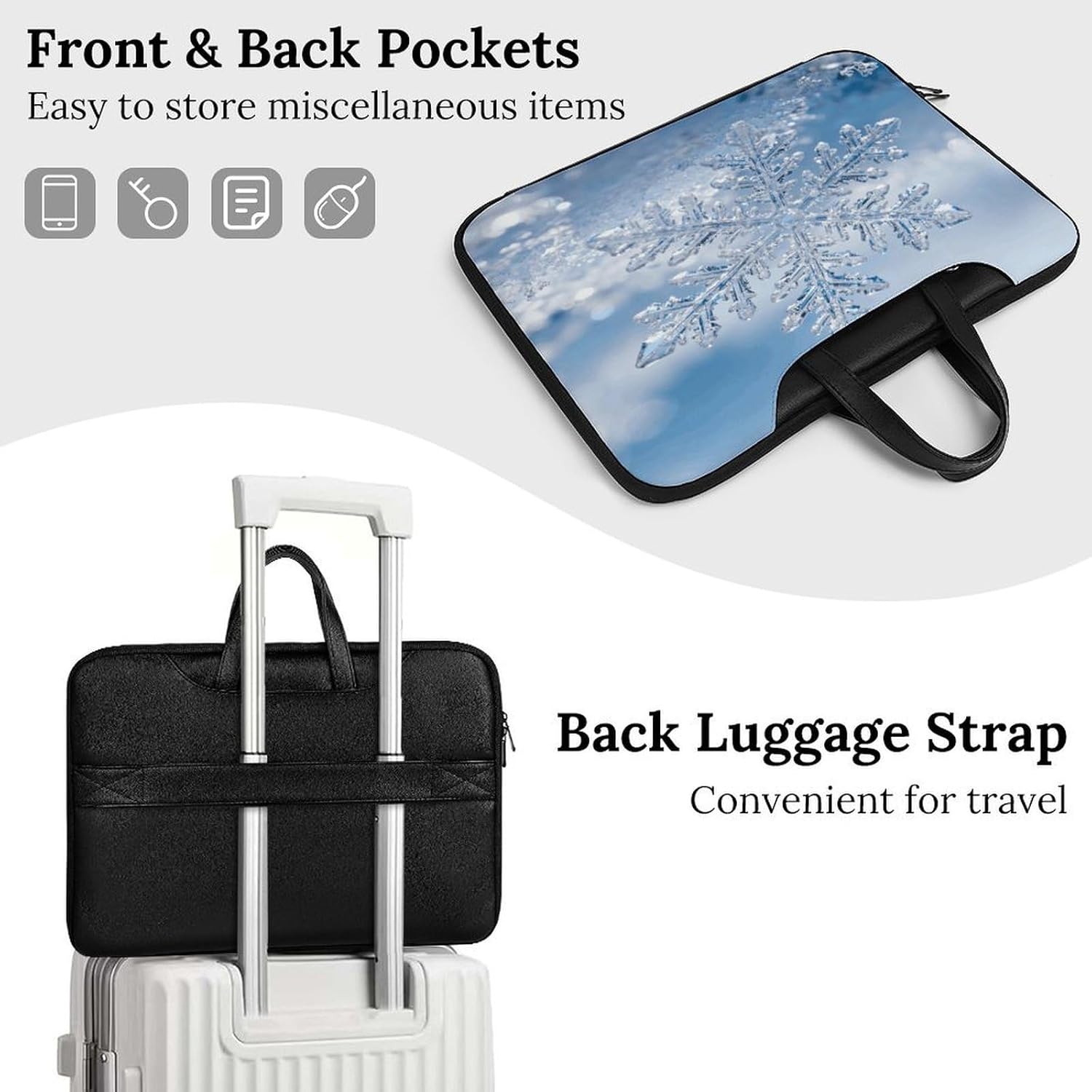 Icy Snowflakes 42x30.5cm Black-style Laptop Bag Leather Tablet Computer Briefcase Large Capacity Work Business Tote Bags for Office