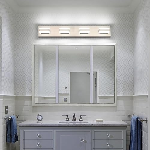 Miniatura 4 de SOLFART Luces de tocador de baño, lámparas de níquel cepillado para baño, sobre el espejo, 4 luces LED, accesorio de iluminación de baño níquel