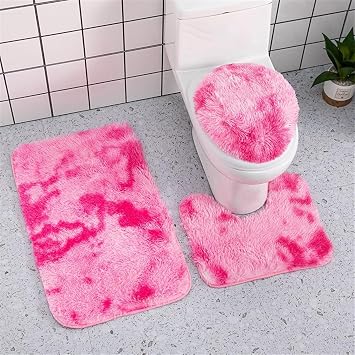 Bathroom Rugs and Mats Set 3 Piece - Thick Fluffy Soft U-Shaped Toilet Mat for Floor Carpet - Water Absorbent Rose Red Gradient