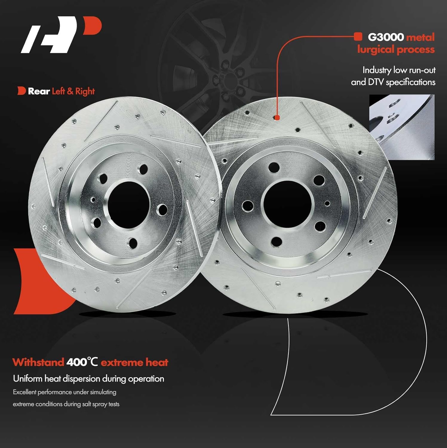 A-Premium 11.81 inch (299.9mm) Rear Drilled and Slotted Disc Brake Rotors + Ceramic Pads Kit Compatible with Select Audi Models - A4, Q5, A5, A4 allroad, A4 Quattro, A5 Quattro, allroad, 6-PC Set