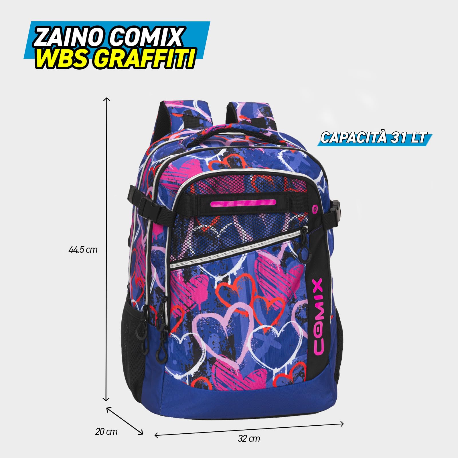 COMIX WBS - Zaino Scuola Media, Elementare e Superiore, 2 Vani Principali, 2 Tasche Frontali, Schienale Imbottito, Spallacci Imbottiti e Regolabili, Maniglia Imbottita, 32x44,5Hx20 cm, Sprayheart