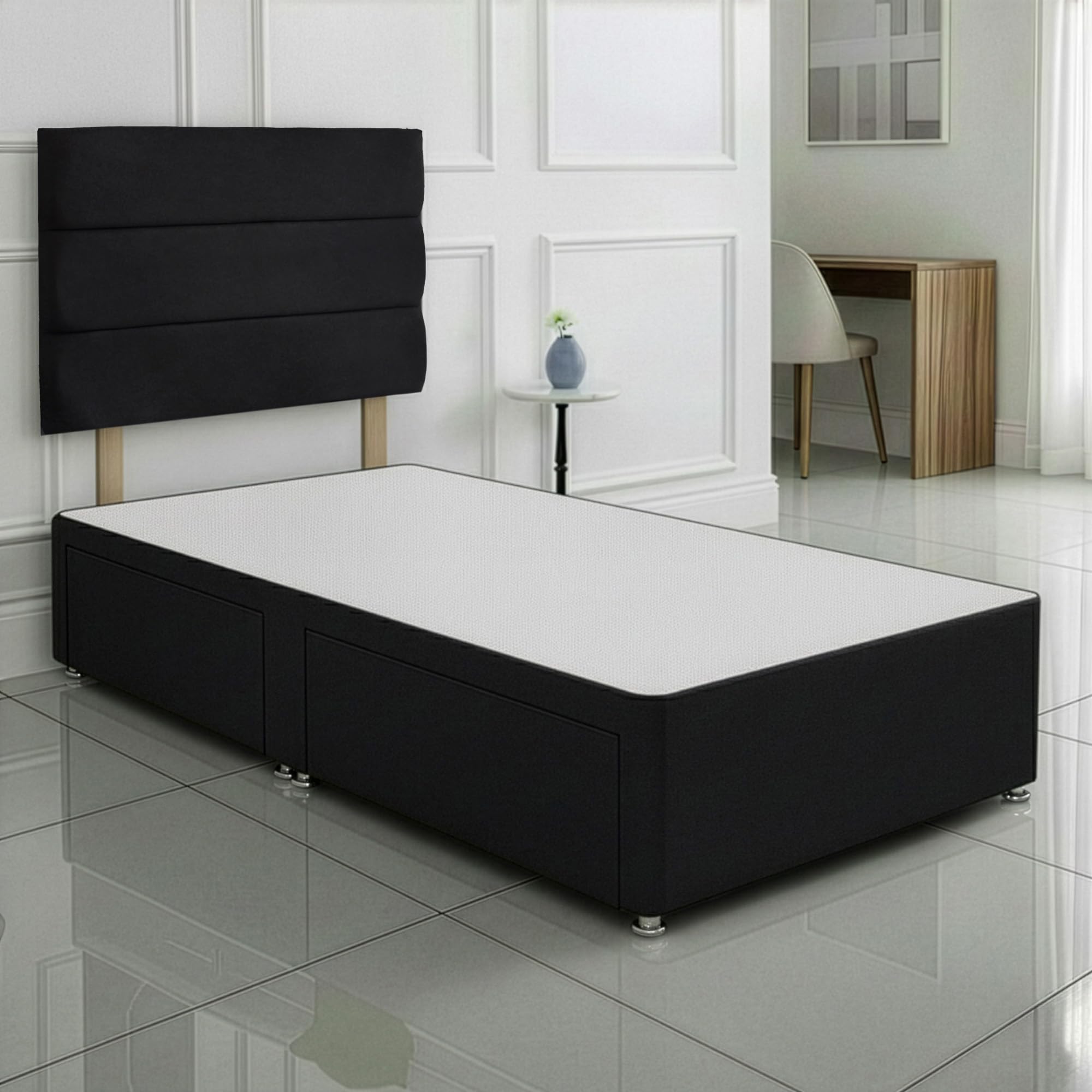 SANA SLEEP Single Bed with 2 Drawers - 3FT (black Fabric) - Stylish Divan Set for Comfortable Living - Durable Frame for Cosy Bedrooms - Luxurious Bed for Modern Homes - Storage Solution.