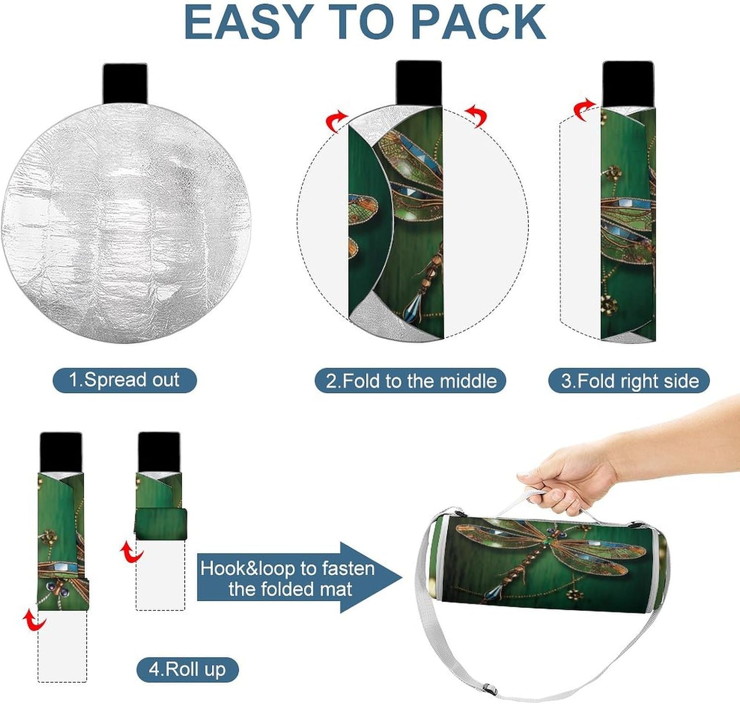 Jewel Dragonfly Round Outdoor Picnic Mat Foldable Waterproof Beach Camping Blanket Outdoor Rug with Sponge Padding