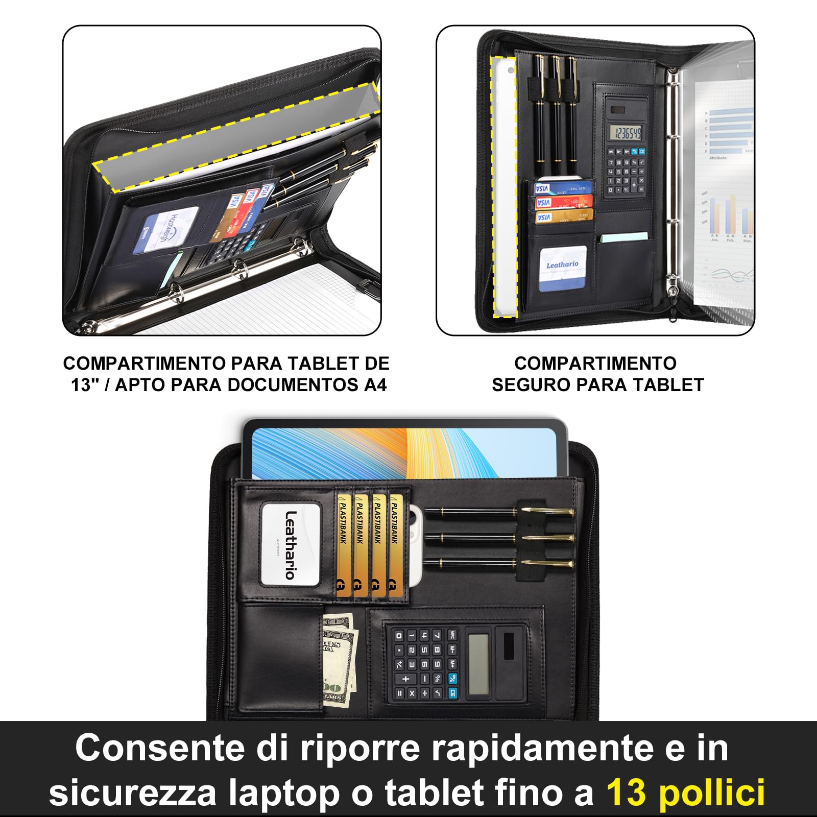 Leathario Cartella Portadocumenti A4 PU Pelle Portablocchi Organizzatore con Quaderno