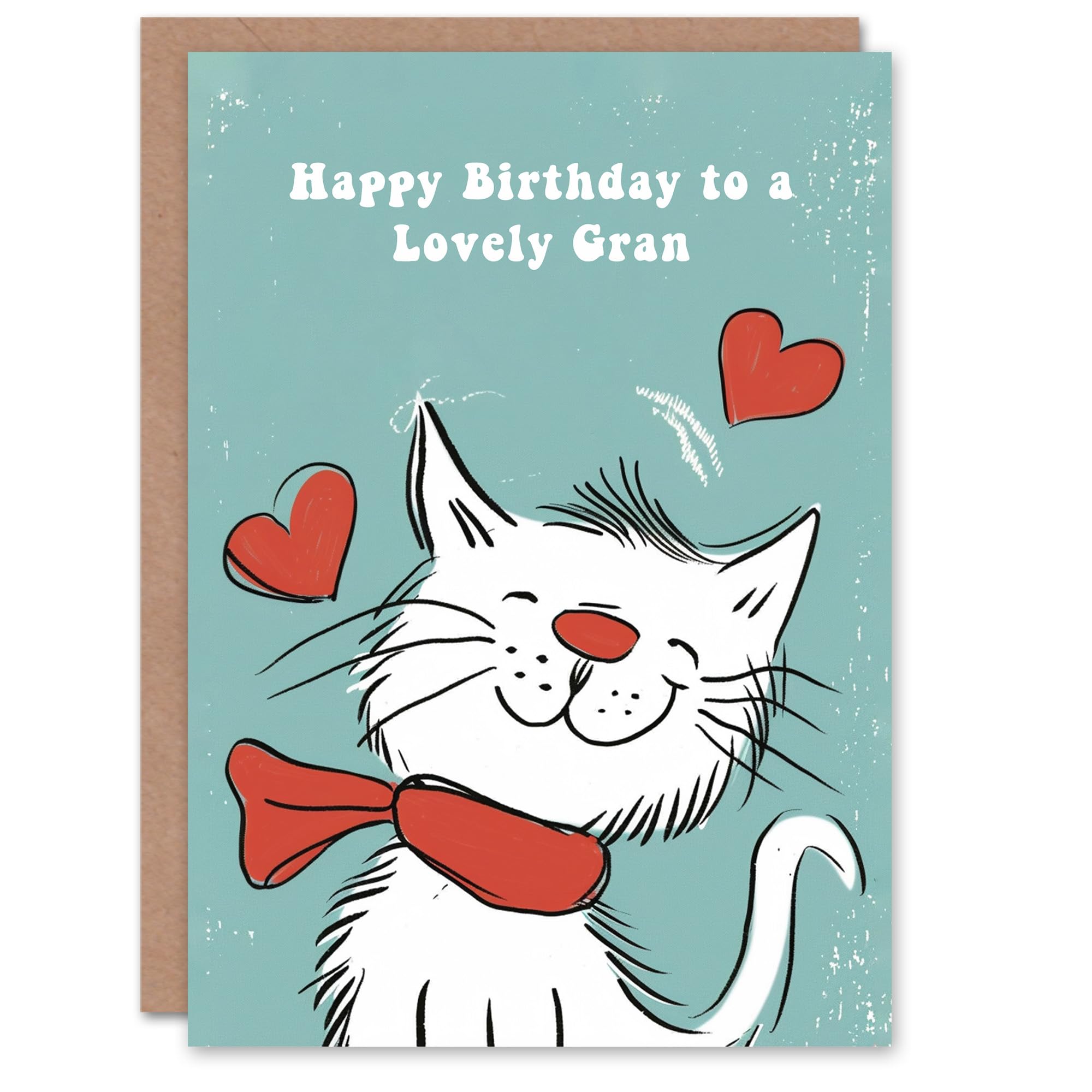Artery8 Gran Happy Birthday Card Happy White Cat In Scarf Drawing Love Hearts For Her Greeting Card