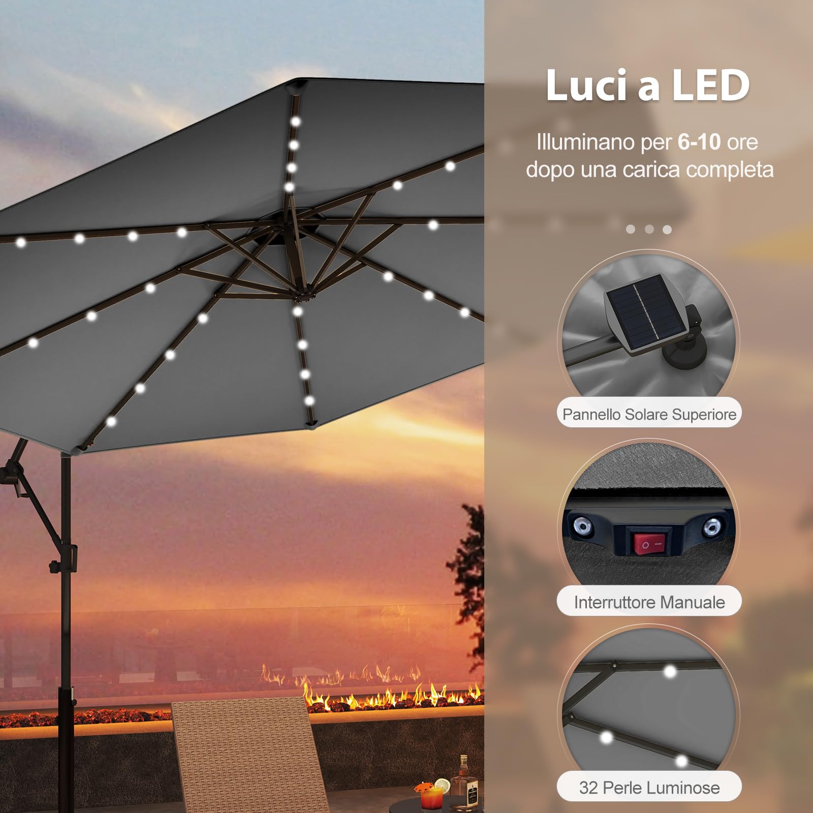 Ombrellone Da Giardino COSTWAY 300 Cm Con 32 Luci LED Solari - Rotazione 360°, Inclinabile, Per Piscina E Cortile